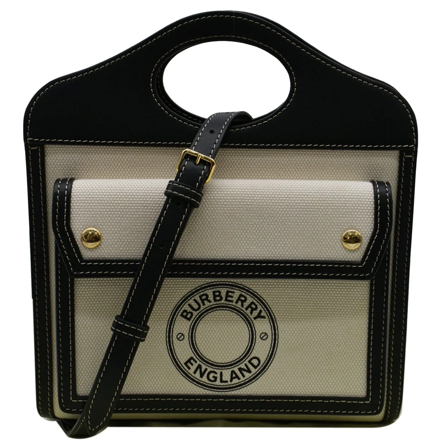 BURBERRY Mini Logo Graphic Canvas Leather Pocket Tote Bag Natural