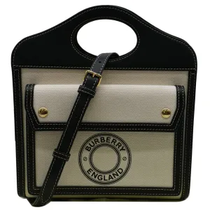 BURBERRY Mini Logo Graphic Canvas Leather Pocket Tote Bag Natural