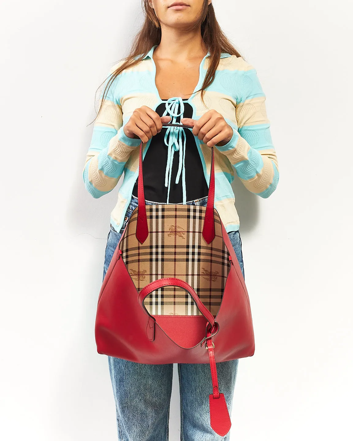 Burberry Red/Beige Haymarket Leather Reversible Tote