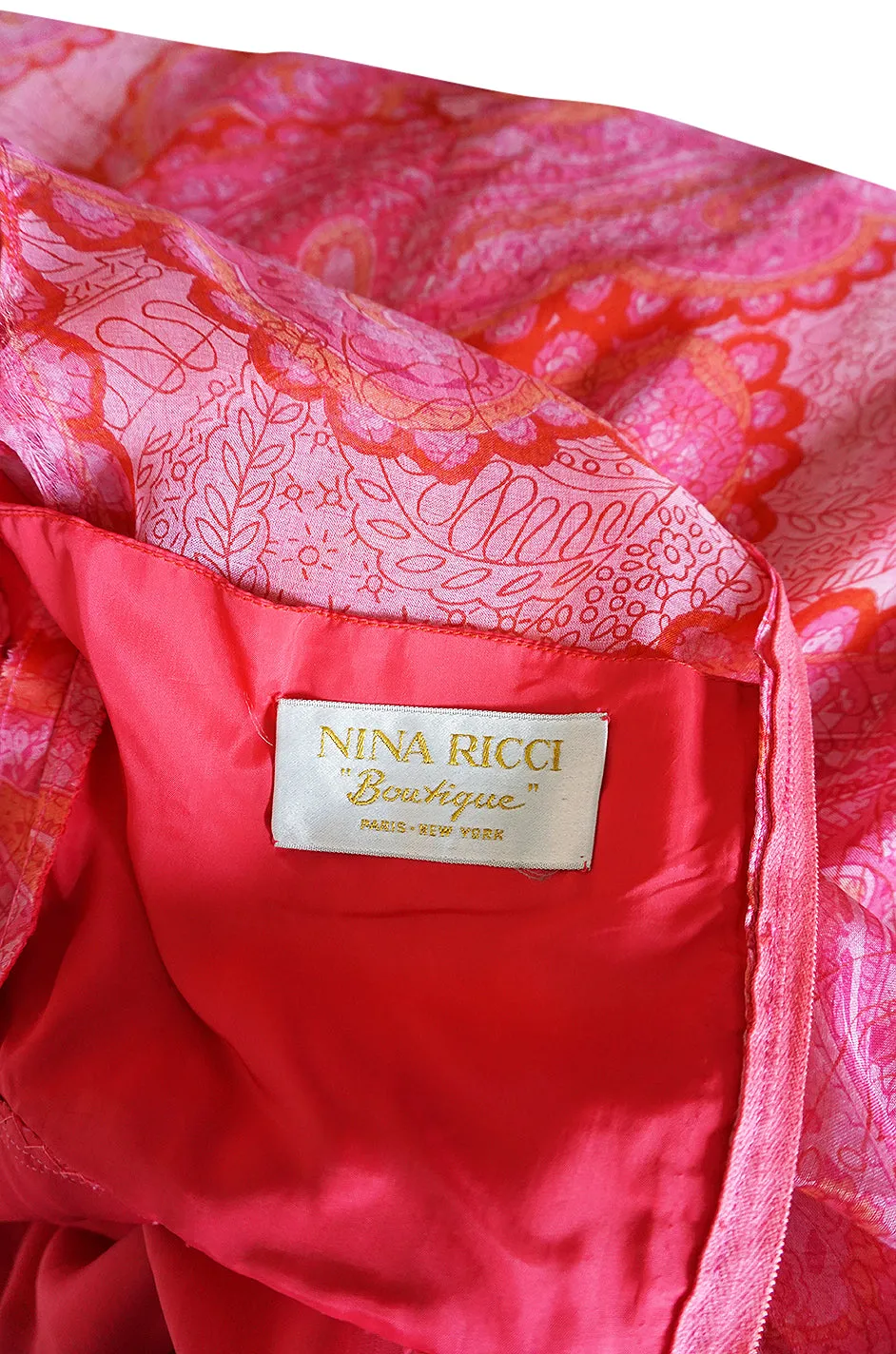 c.1976 Nina Ricci Silk Voile Pink Paisley Print Ruffle Trim Dress