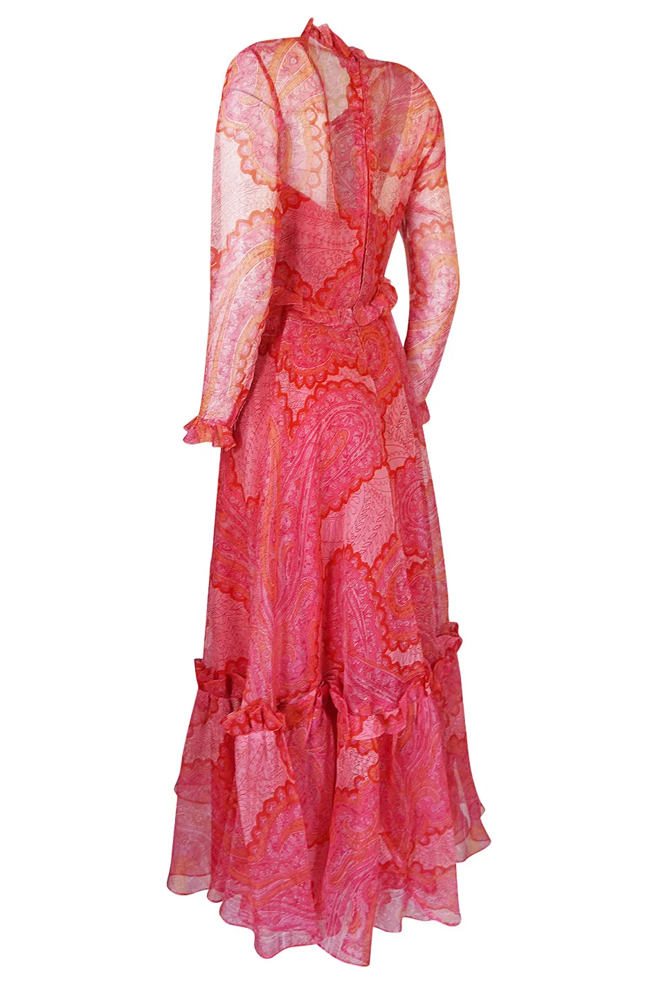 c.1976 Nina Ricci Silk Voile Pink Paisley Print Ruffle Trim Dress