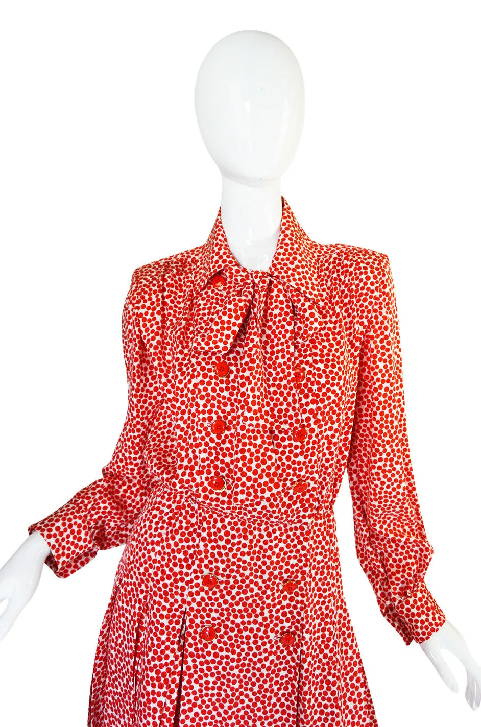 c1980 Yves Saint Laurent Red Silk Dot Day Dress