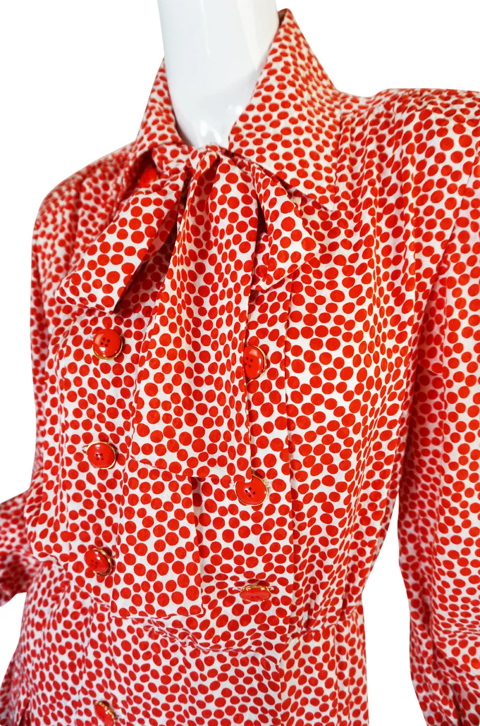 c1980 Yves Saint Laurent Red Silk Dot Day Dress