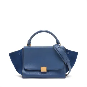 Celine Trapeze Leather & Suede 2 Way Handbag Blue #3266