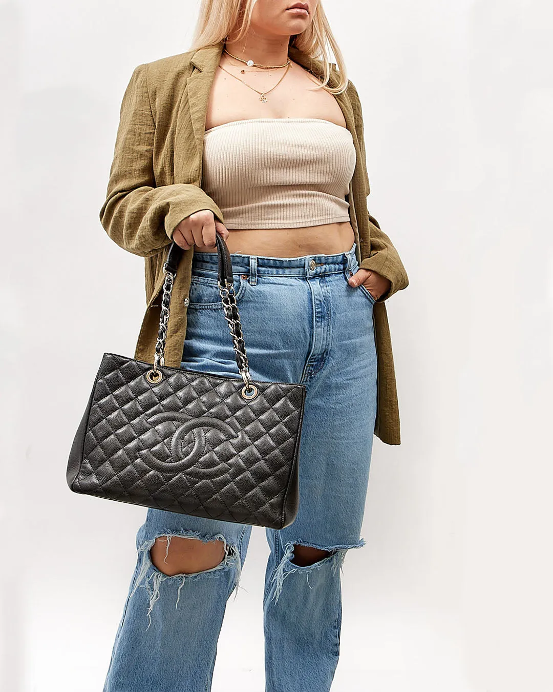 Chanel Black Caviar Leather Quilted Grand Shopping Tote Bag