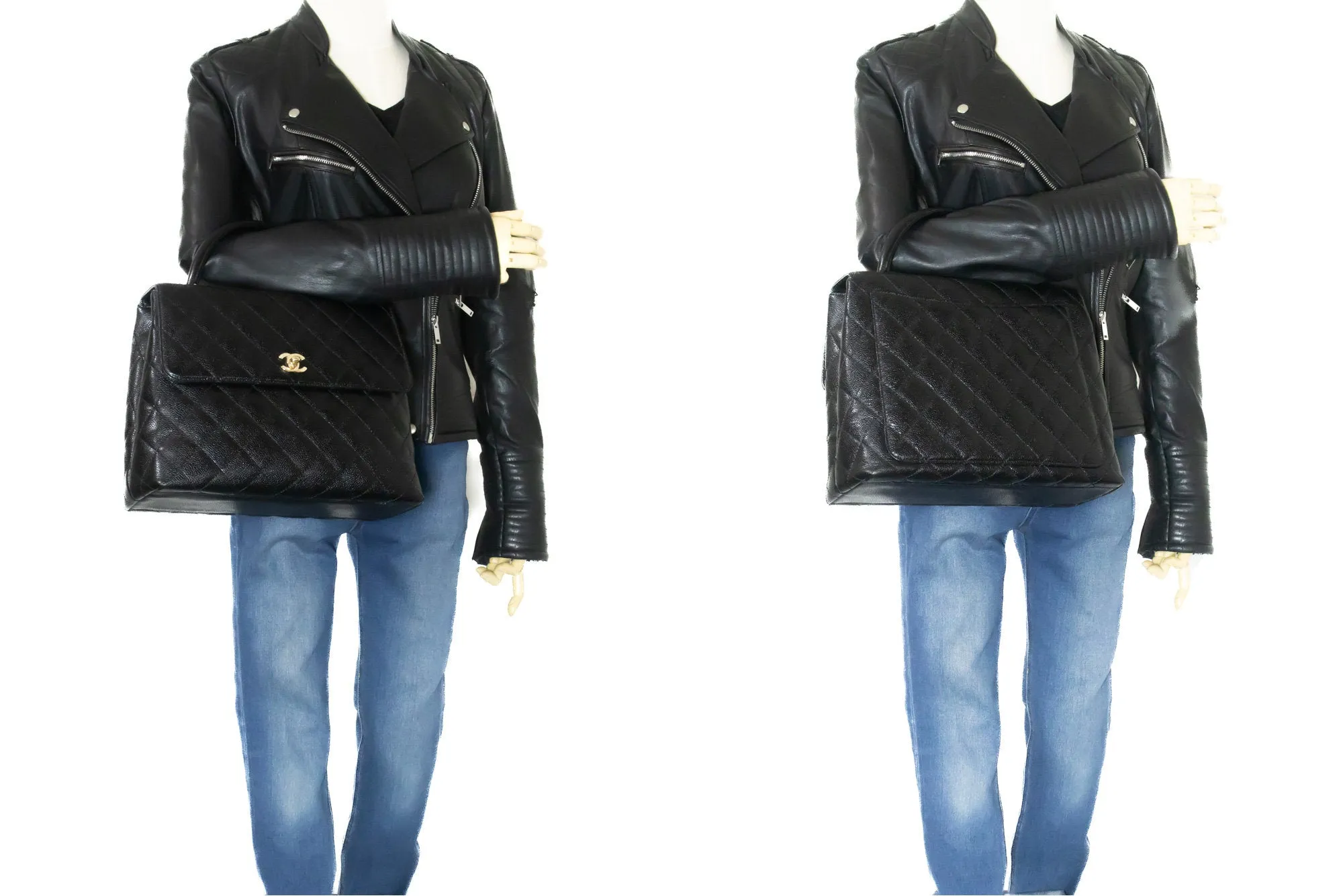 CHANEL Caviar Handbag Top Handle Bag Kelly Black Flap Leather Gold L94