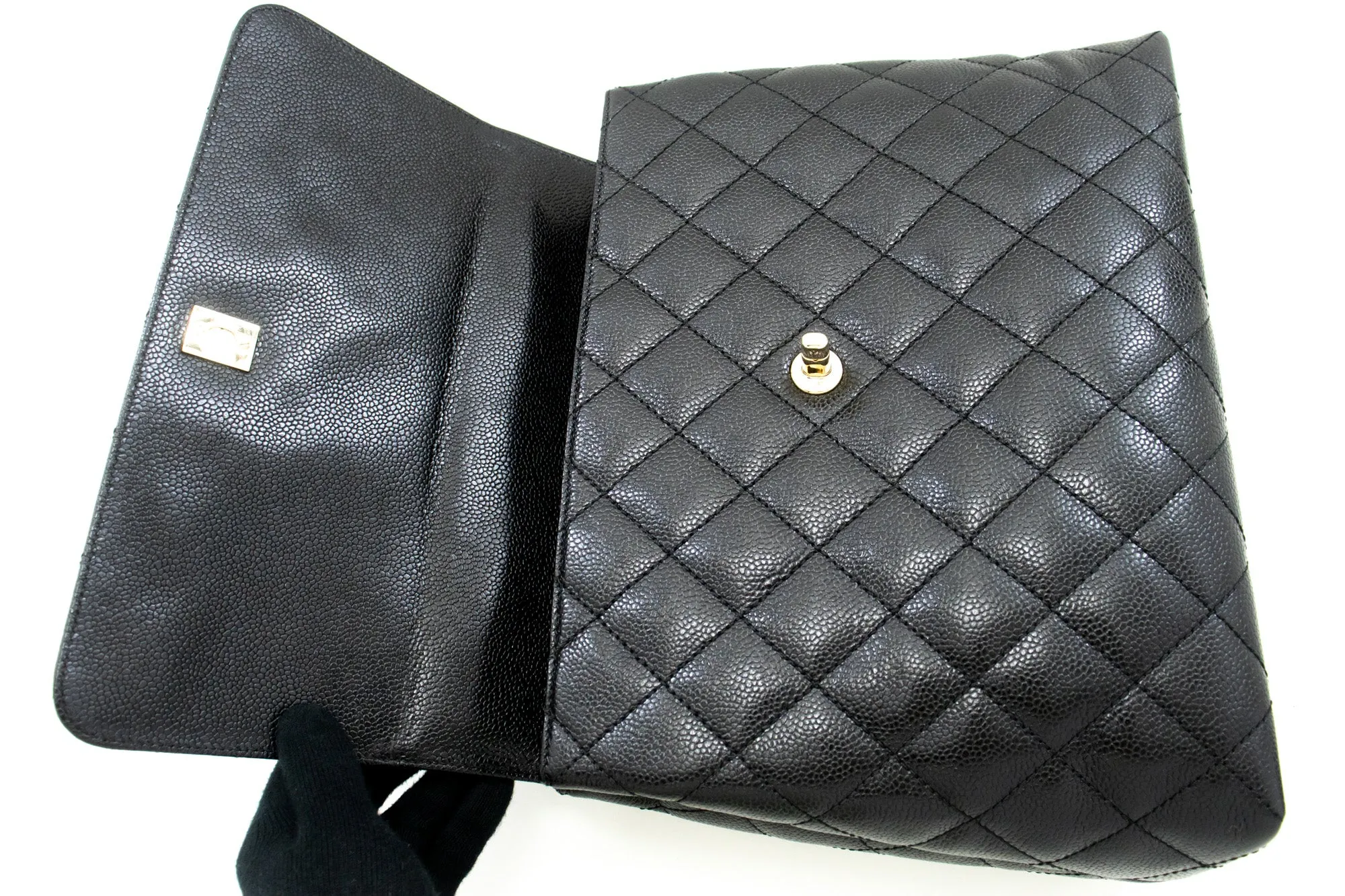 CHANEL Caviar Handbag Top Handle Bag Kelly Black Flap Leather Gold L94