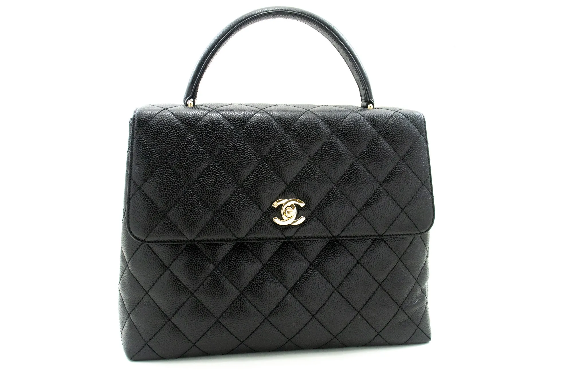 CHANEL Caviar Handbag Top Handle Bag Kelly Black Flap Leather Gold L94