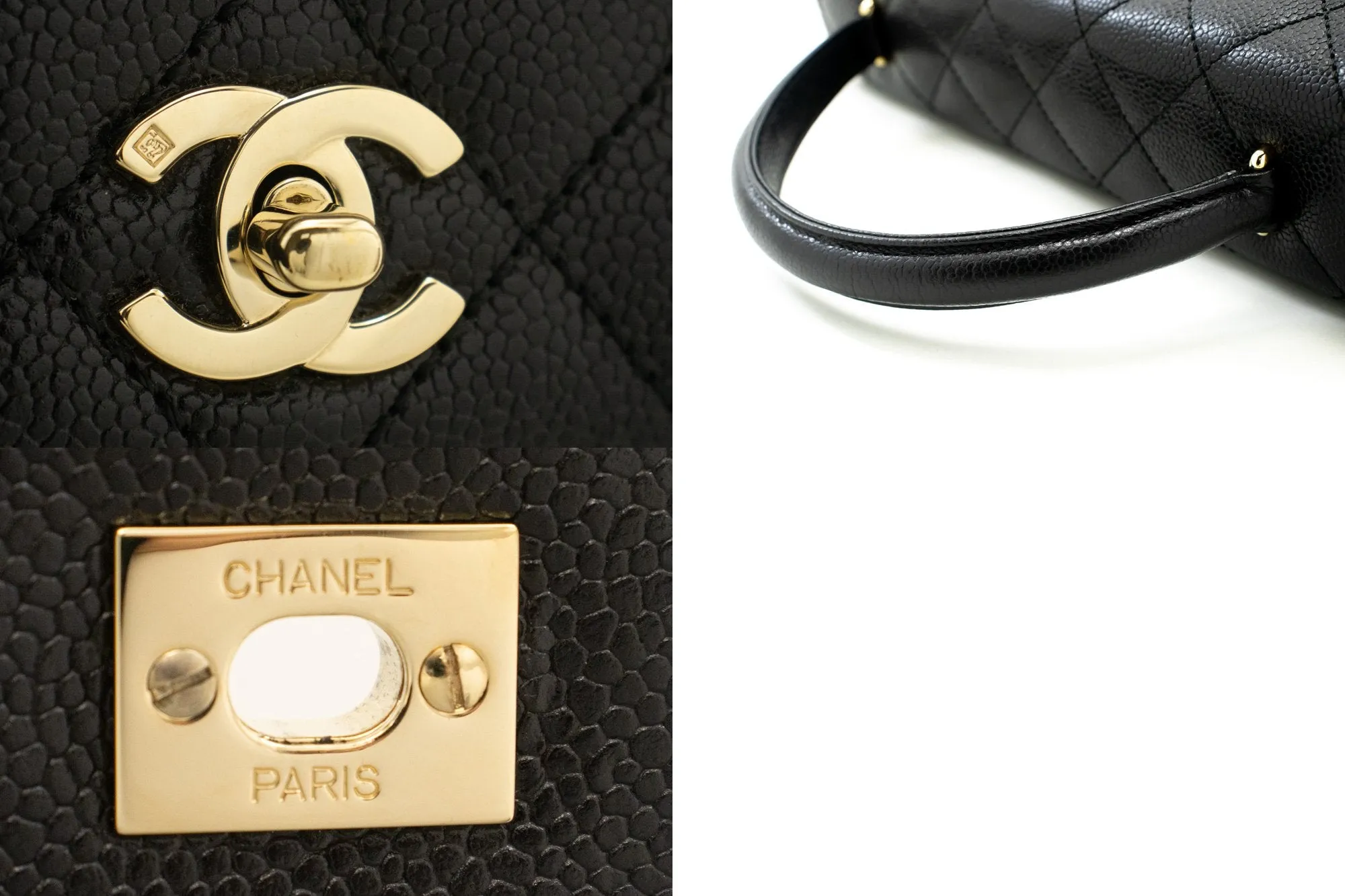 CHANEL Caviar Handbag Top Handle Bag Kelly Black Flap Leather Gold L94