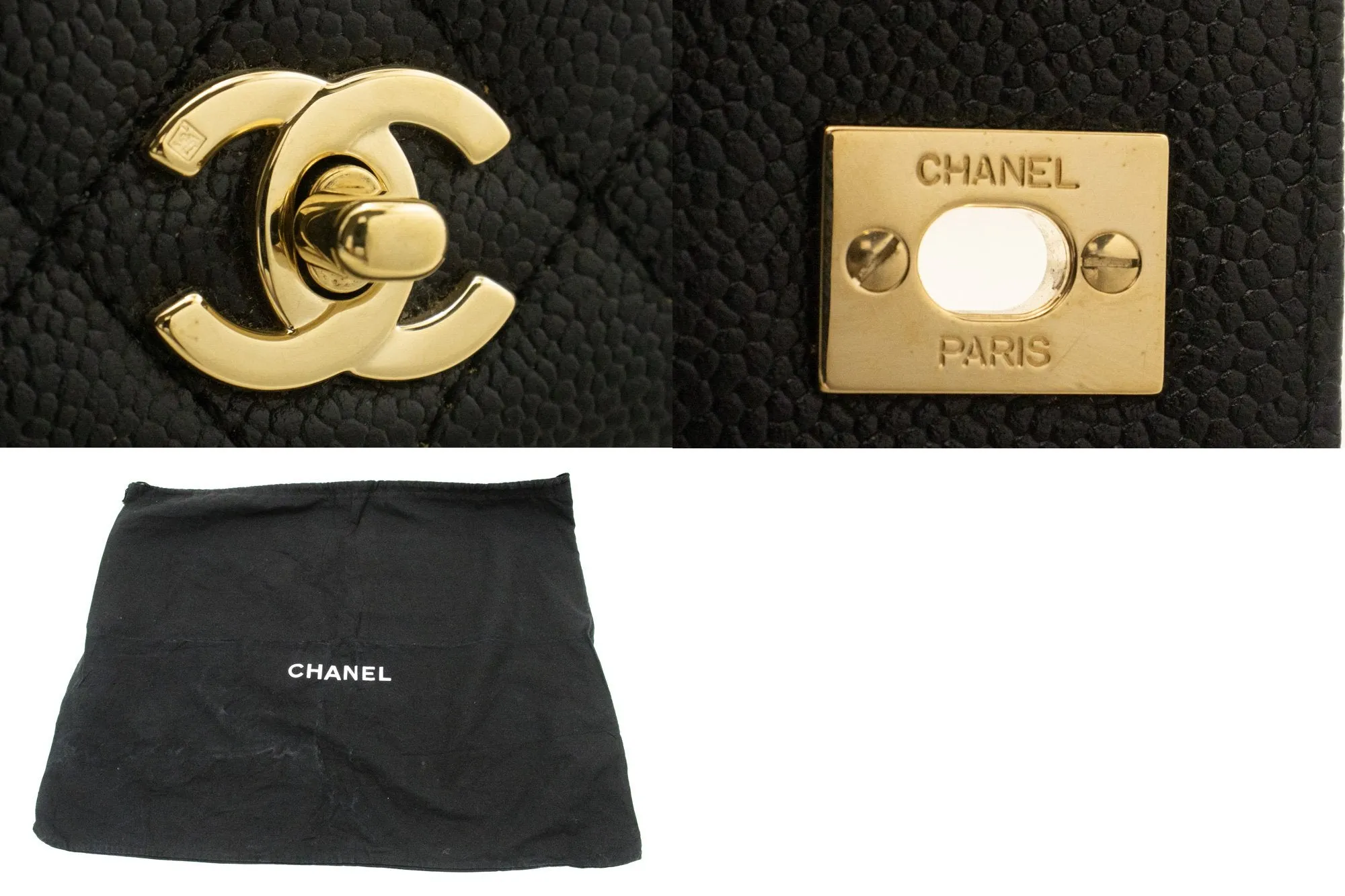 CHANEL Caviar Handbag Top Handle Bag Kelly Black Flap Leather Gold n39