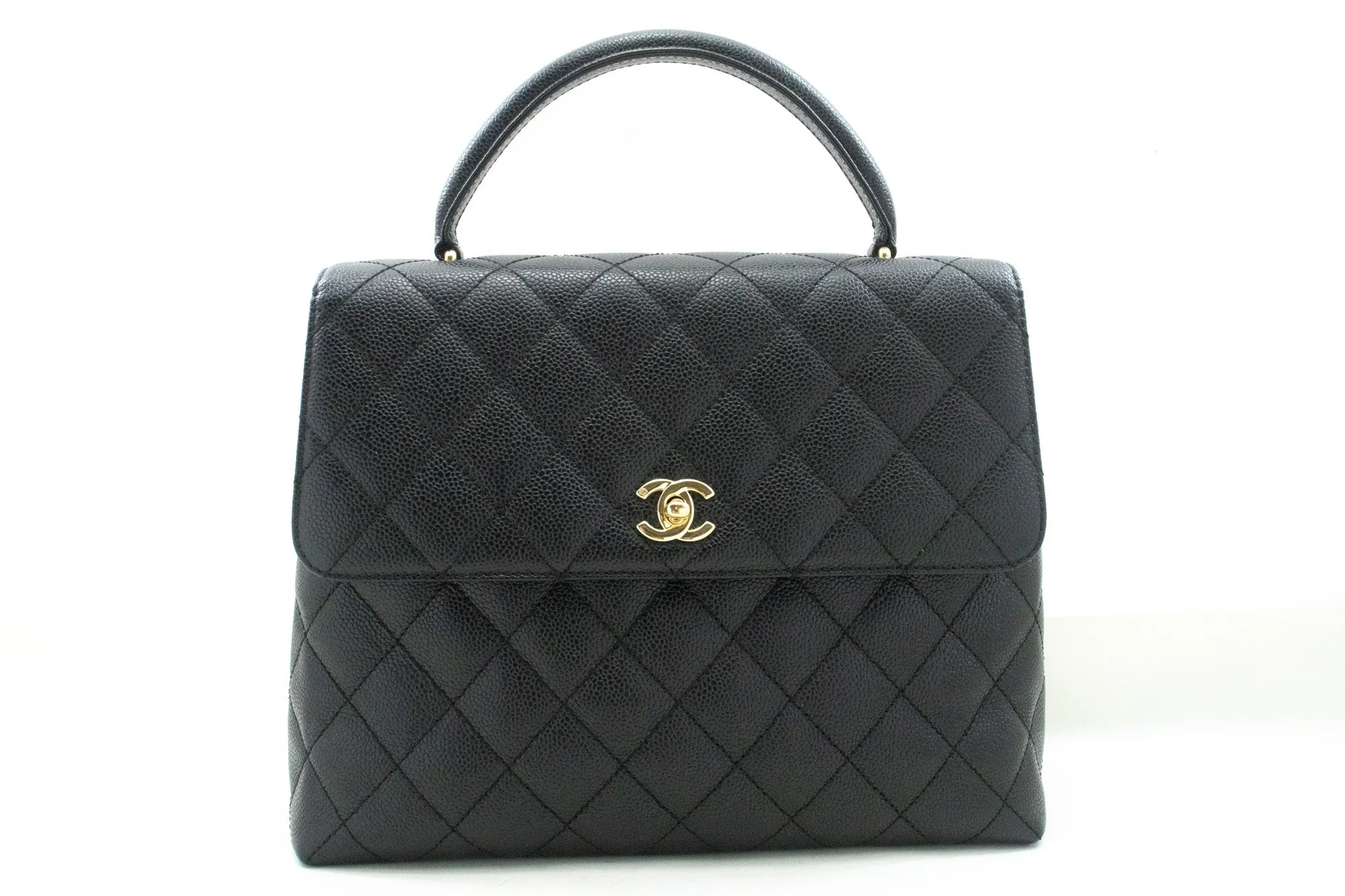 CHANEL Caviar Handbag Top Handle Bag Kelly Black Flap Leather Gold n39