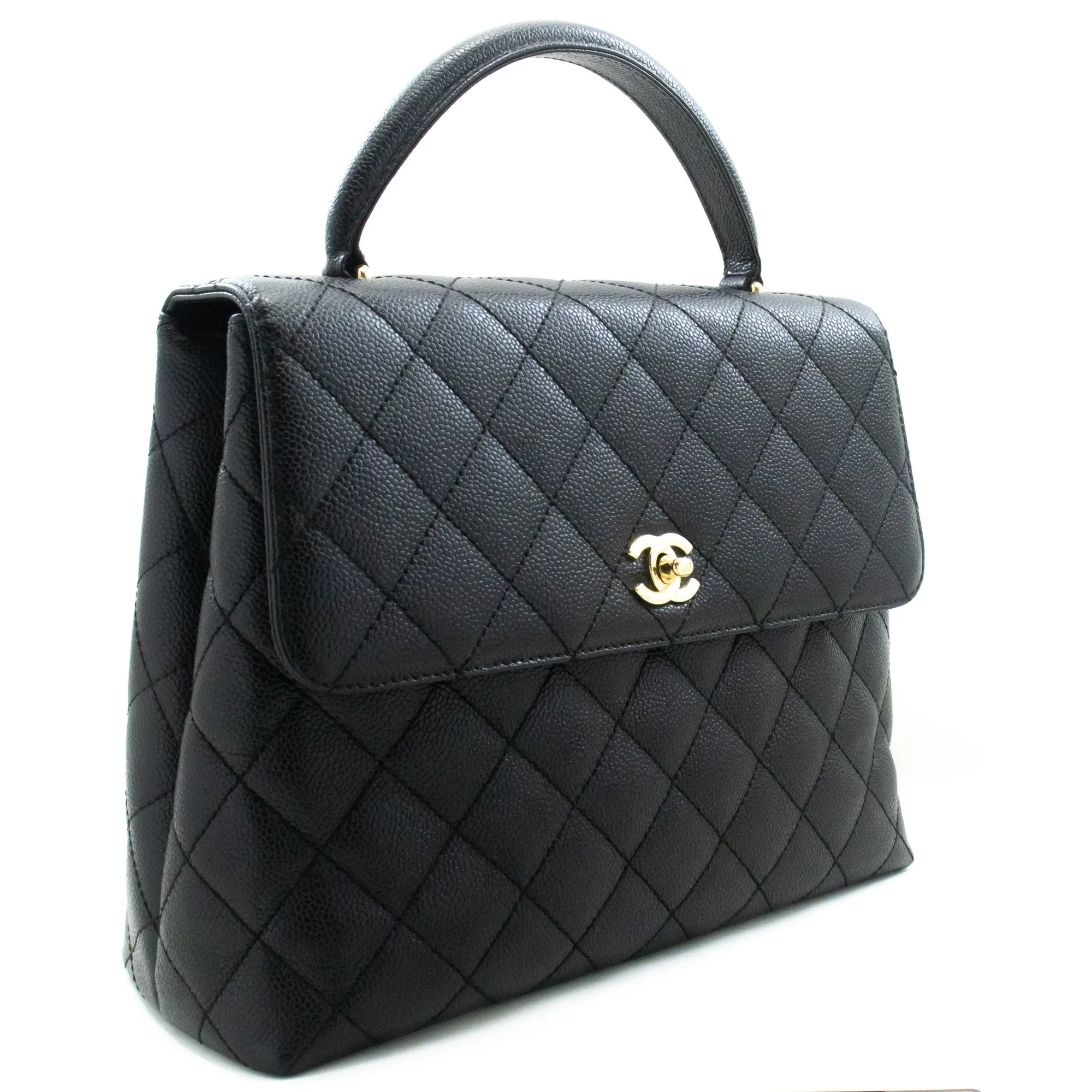 CHANEL Caviar Handbag Top Handle Bag Kelly Black Flap Leather Gold n39