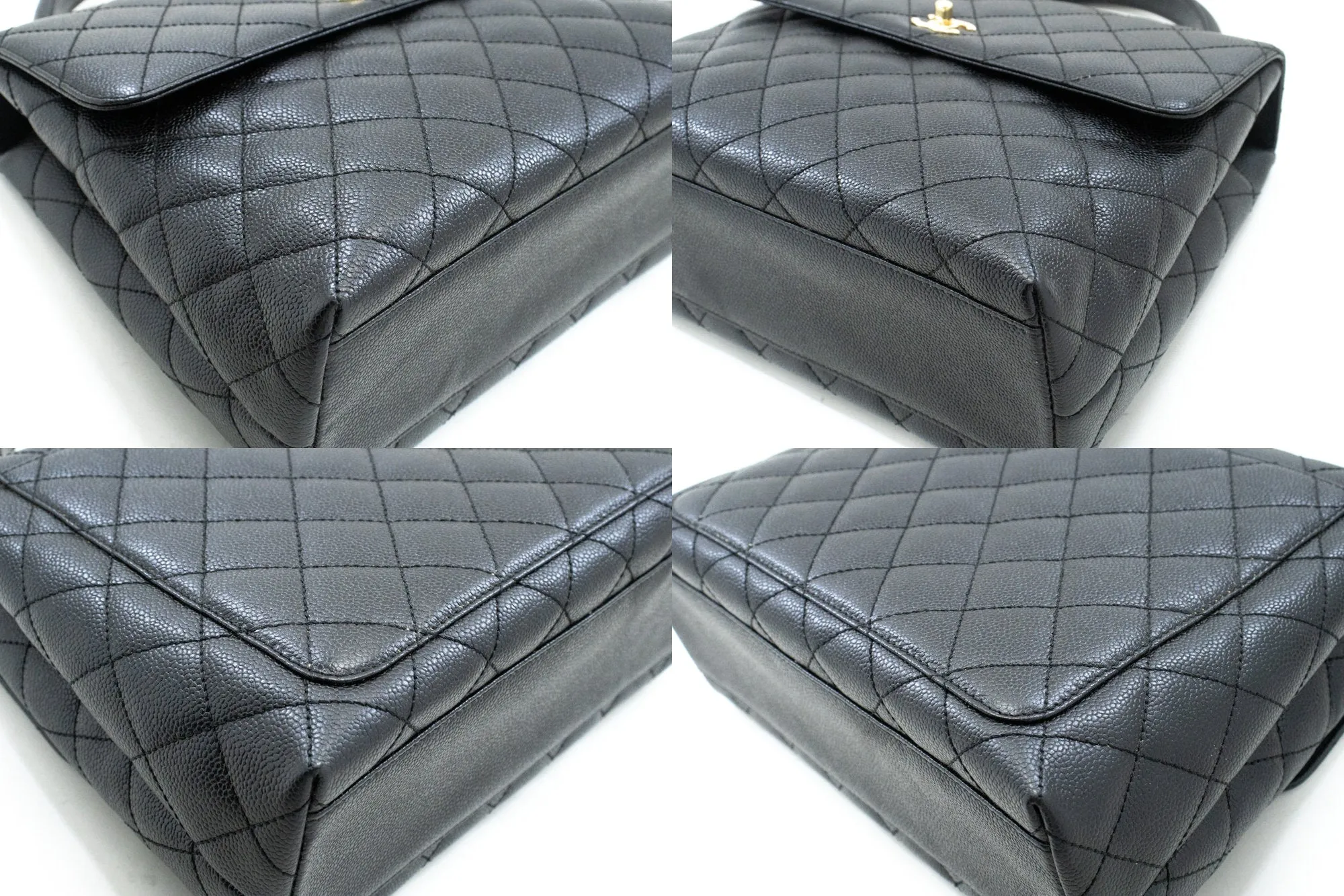 CHANEL Caviar Handbag Top Handle Bag Kelly Black Flap Leather Gold n39
