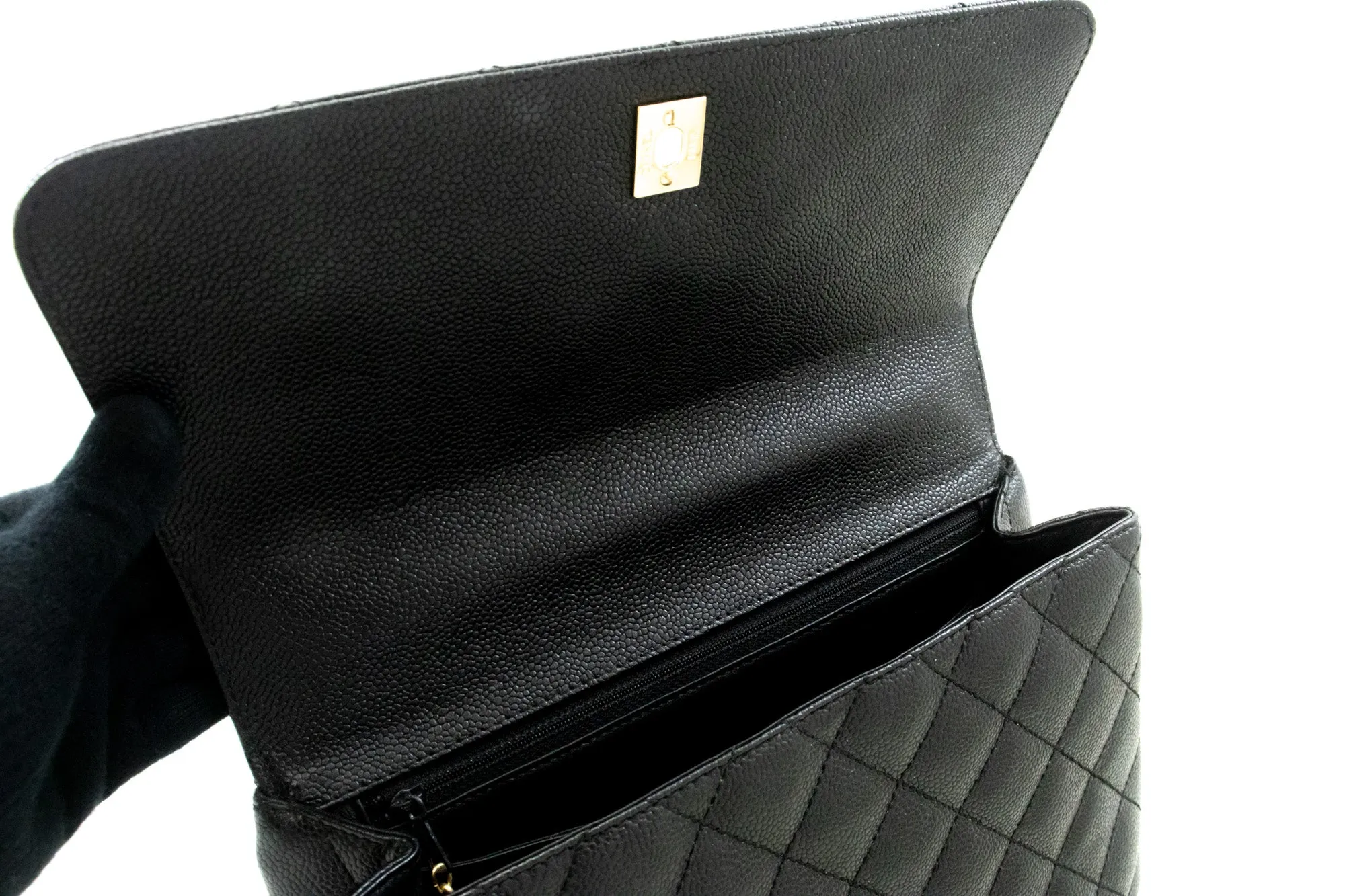 CHANEL Caviar Handbag Top Handle Bag Kelly Black Flap Leather Gold n39
