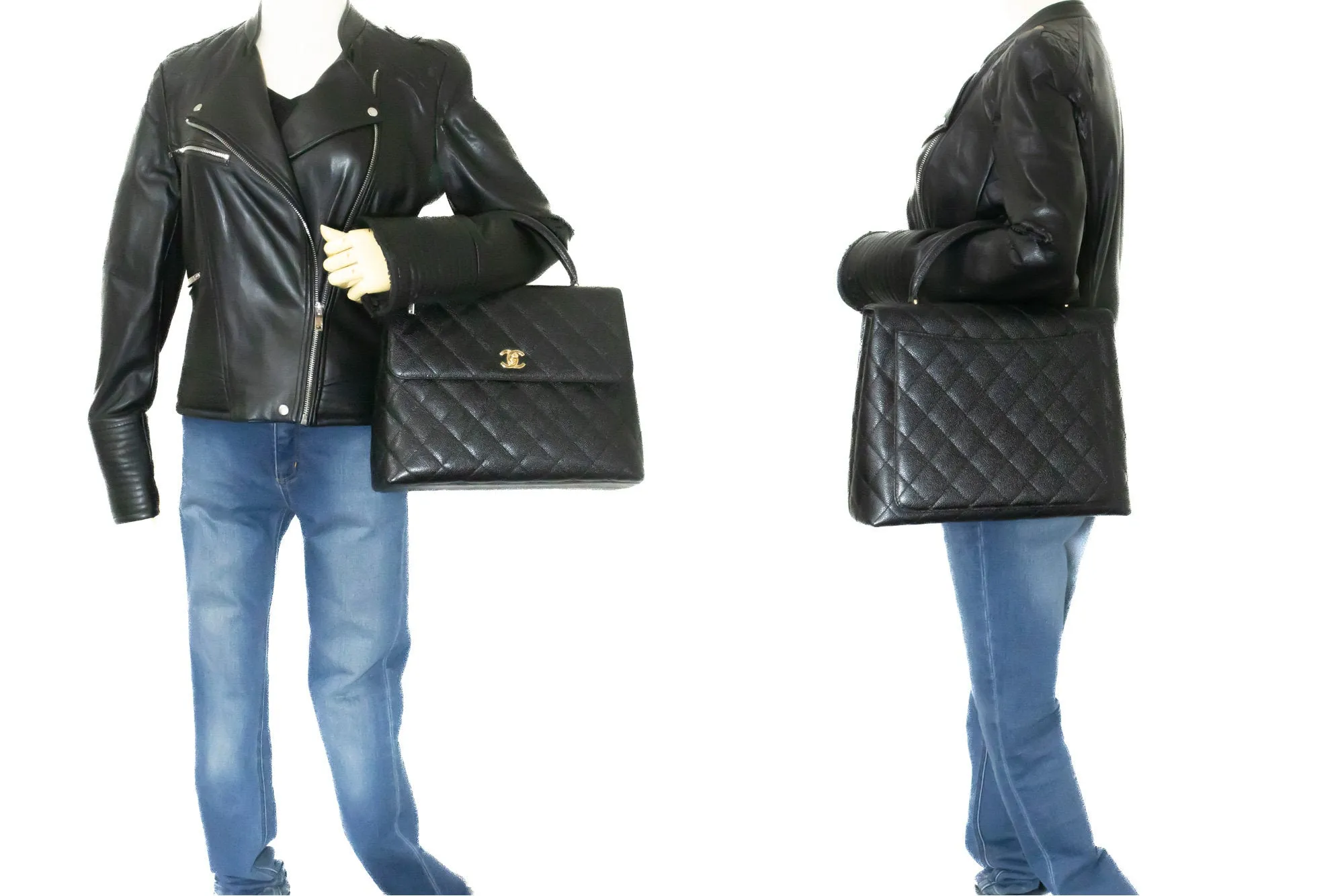 CHANEL Caviar Handbag Top Handle Bag Kelly Black Flap Leather Gold n39