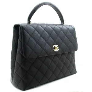 CHANEL Caviar Handbag Top Handle Bag Kelly Black Flap Leather Gold n39