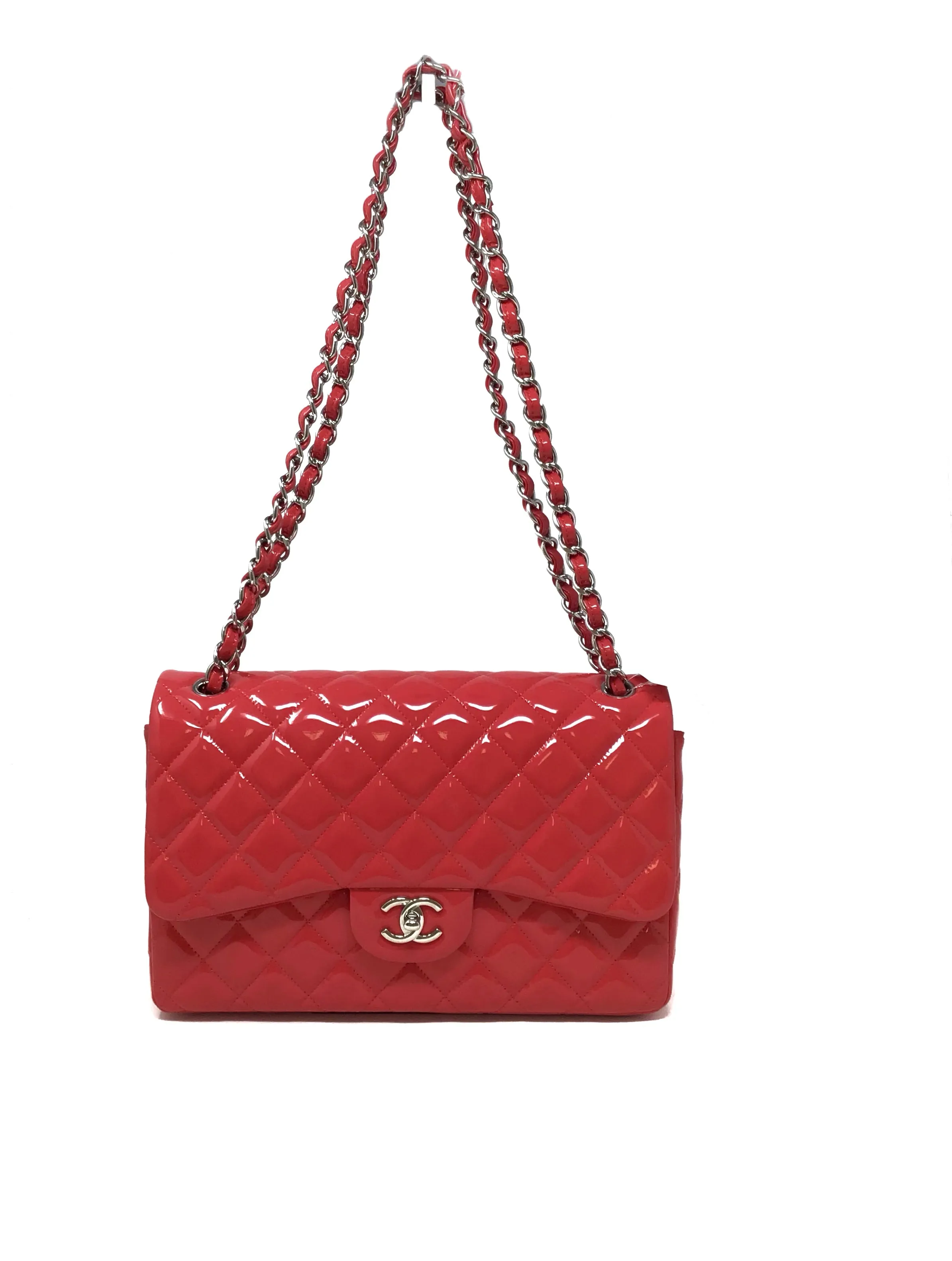 Chanel Coral/Silver NWB! '16C LG Patent Quilted Double Flap Bag