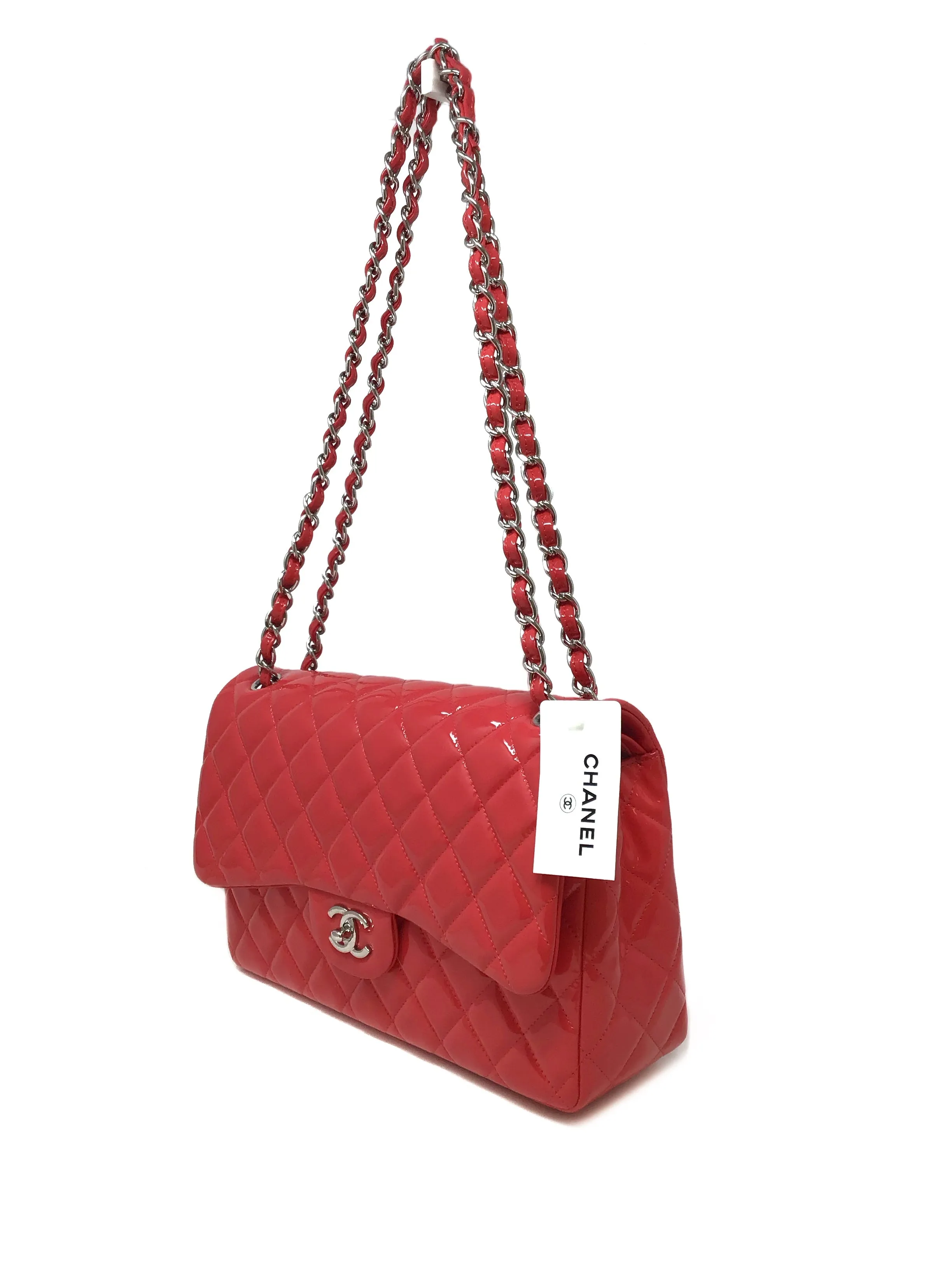 Chanel Coral/Silver NWB! '16C LG Patent Quilted Double Flap Bag