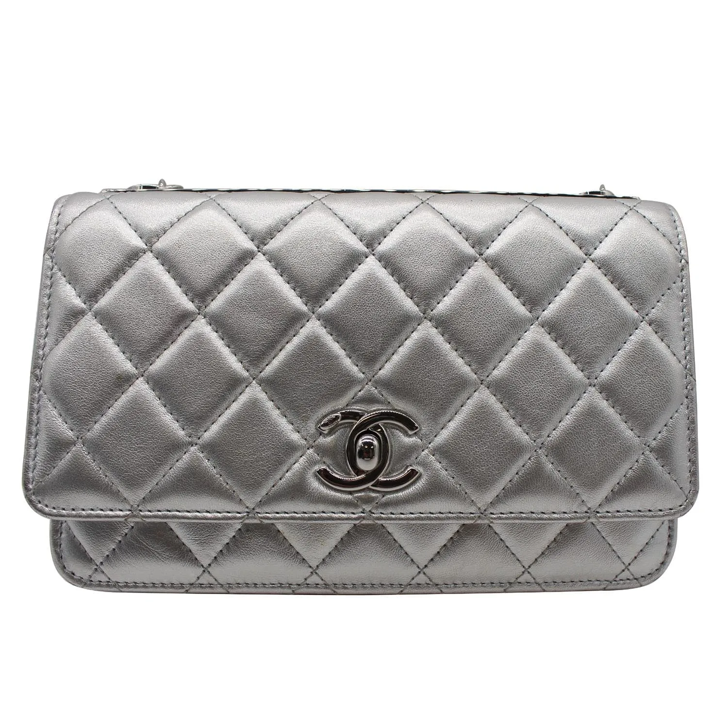 CHANEL Trendy CC Quilted Leather Wallet on Chain Crossbody Bag Silver