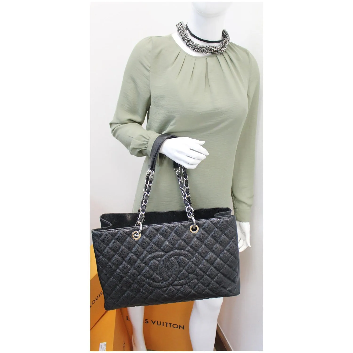CHANEL XL Grand Caviar Leather Shopping Tote Bag Black