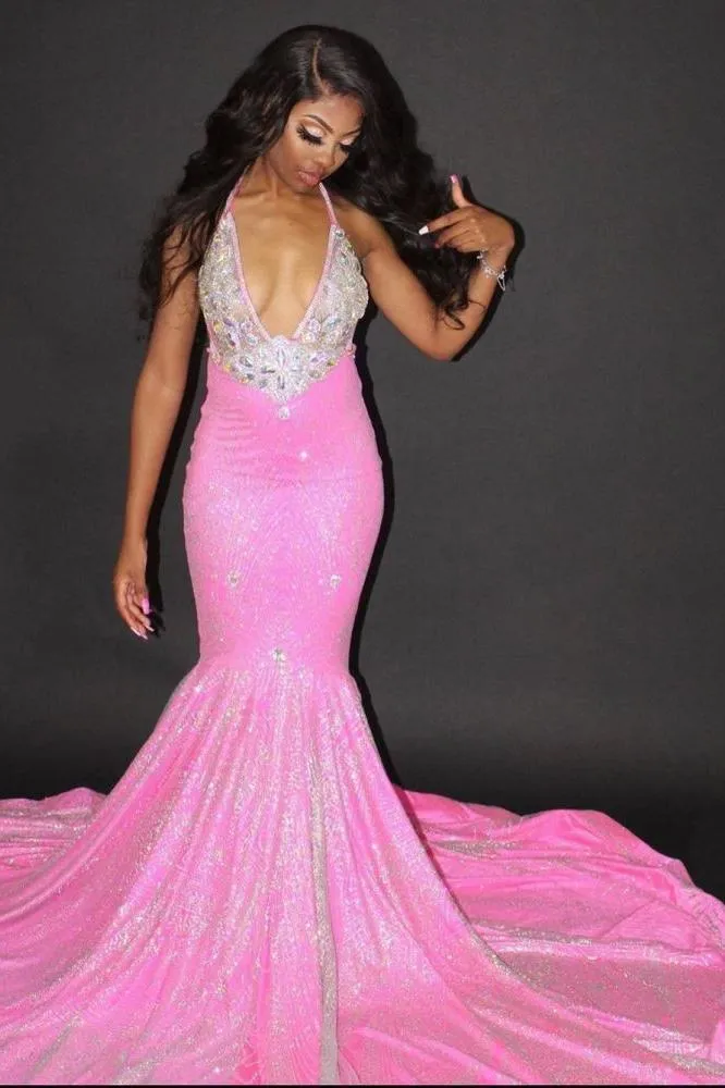 Chic Halter Mermaid Evening Gowns Backless Prom Party Gowns