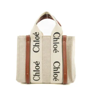 Chloe Woody Small Canvas &amp; Leather 2 Way Handbag Beige x Brown  #2695