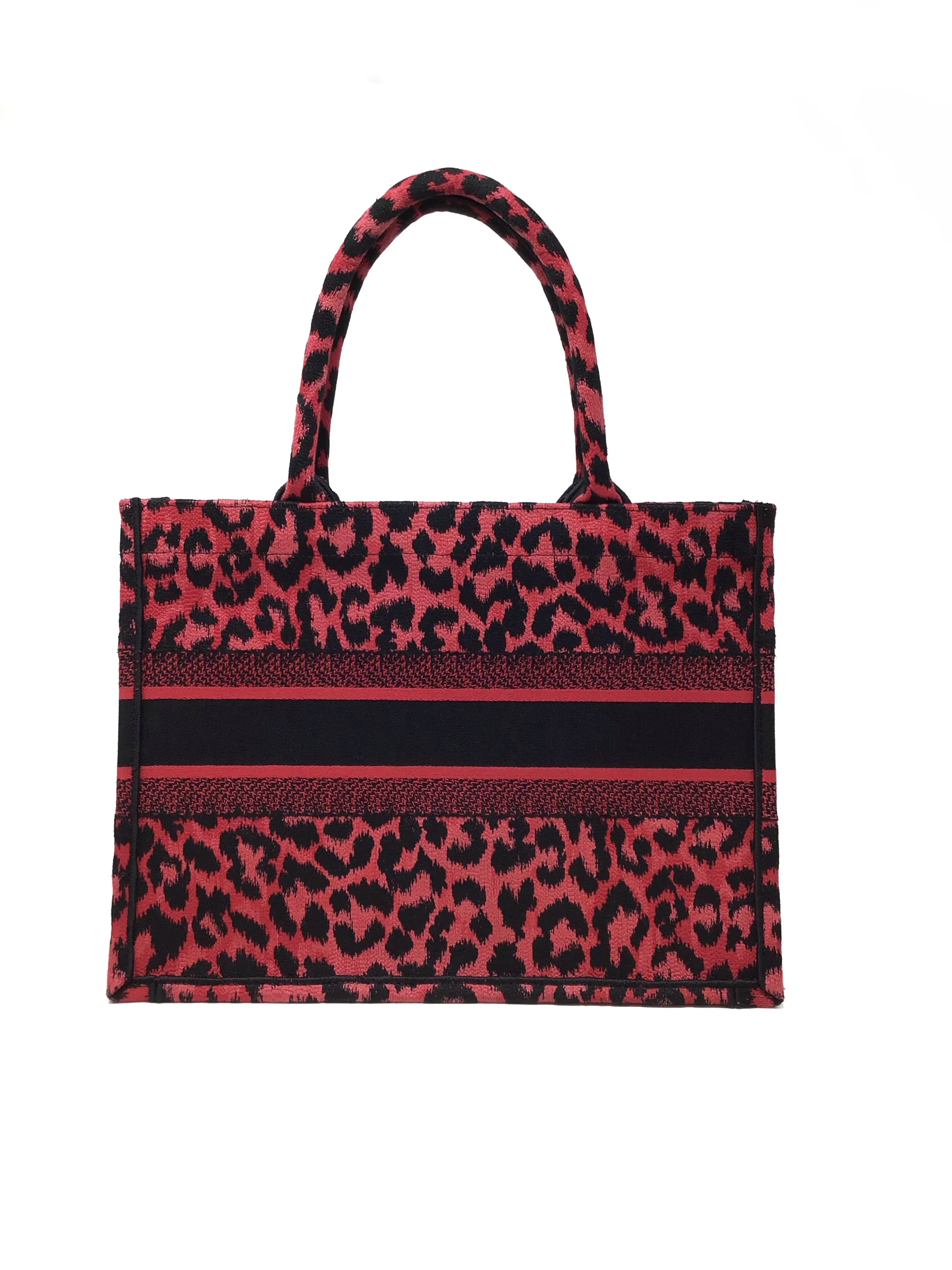 Christian Dior Red/Black MD 'Book Tote' Leopard Embroidered Bag