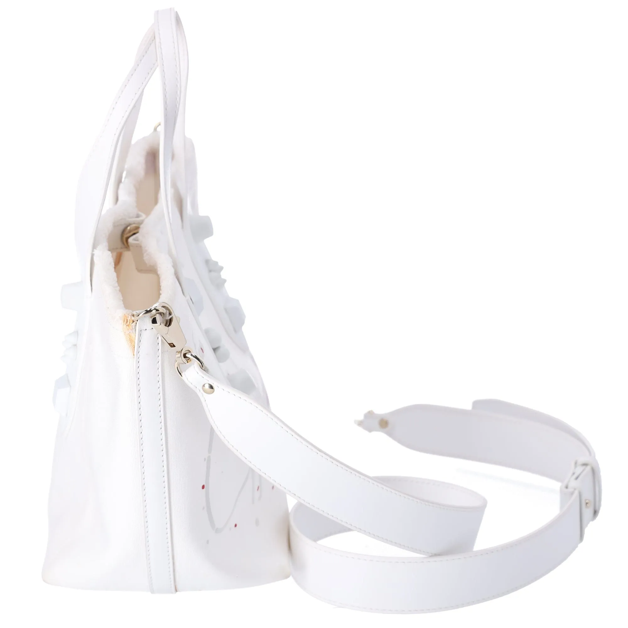 Christian Louboutin Frangibus Small Tote Bag White Canvas Leather Studded