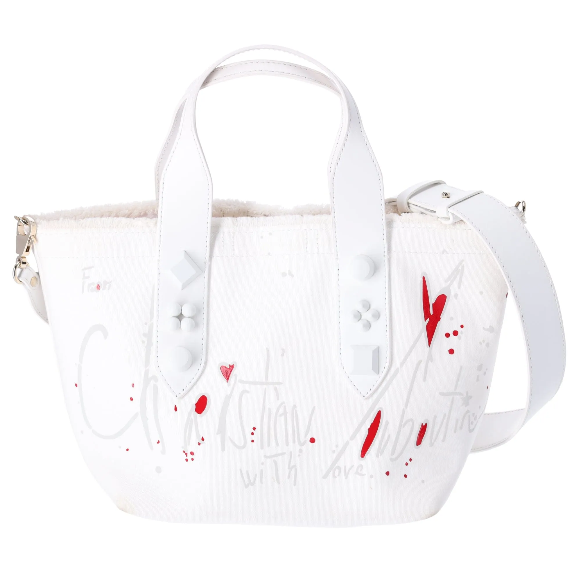 Christian Louboutin Frangibus Small Tote Bag White Canvas Leather Studded