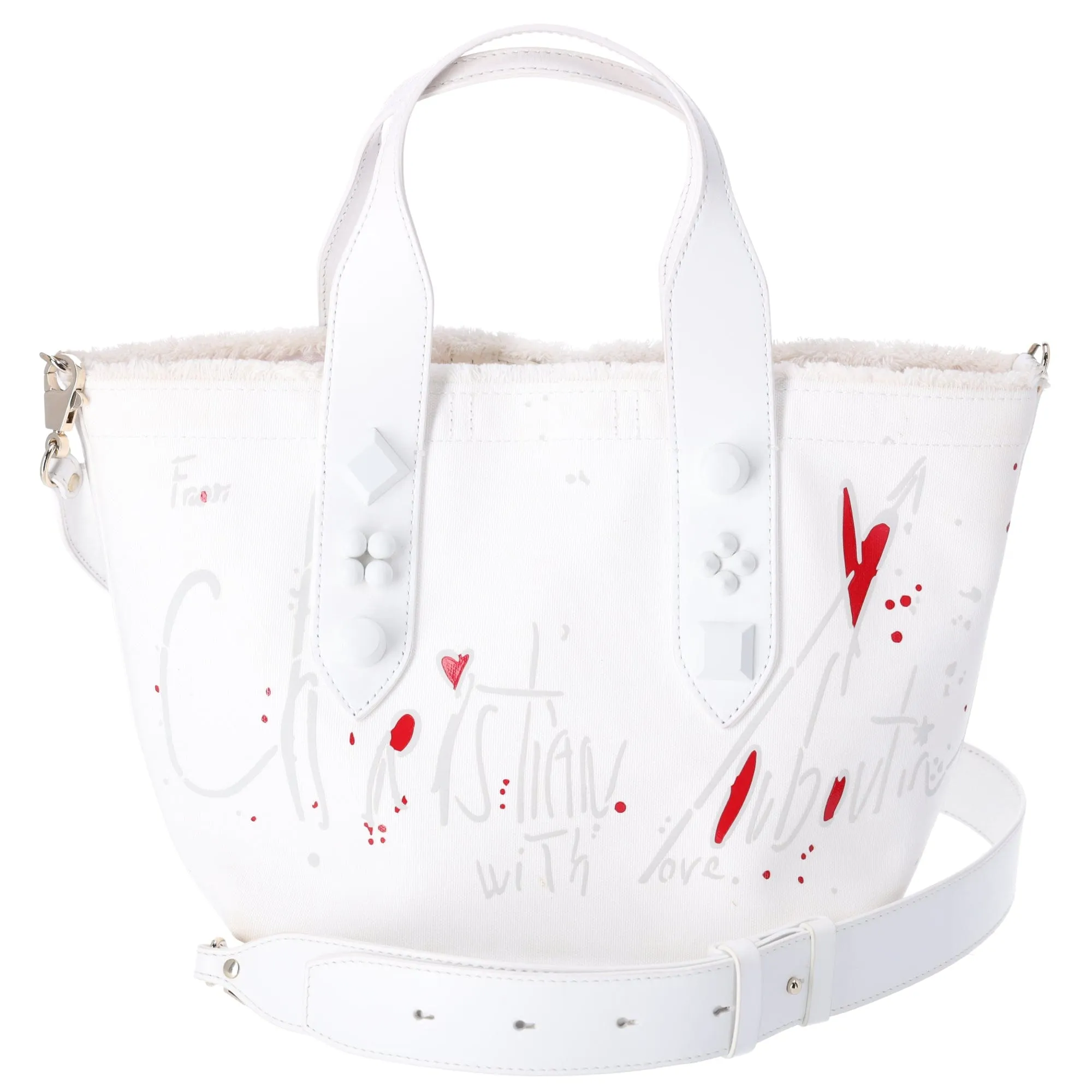 Christian Louboutin Frangibus Small Tote Bag White Canvas Leather Studded