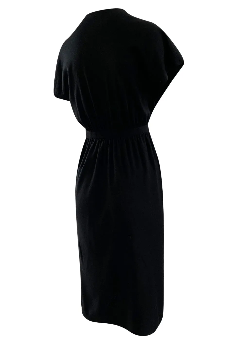 Classic 1970s Halston Soft Black Wool Jersey Front Wrap Dress w Plunging Neckline