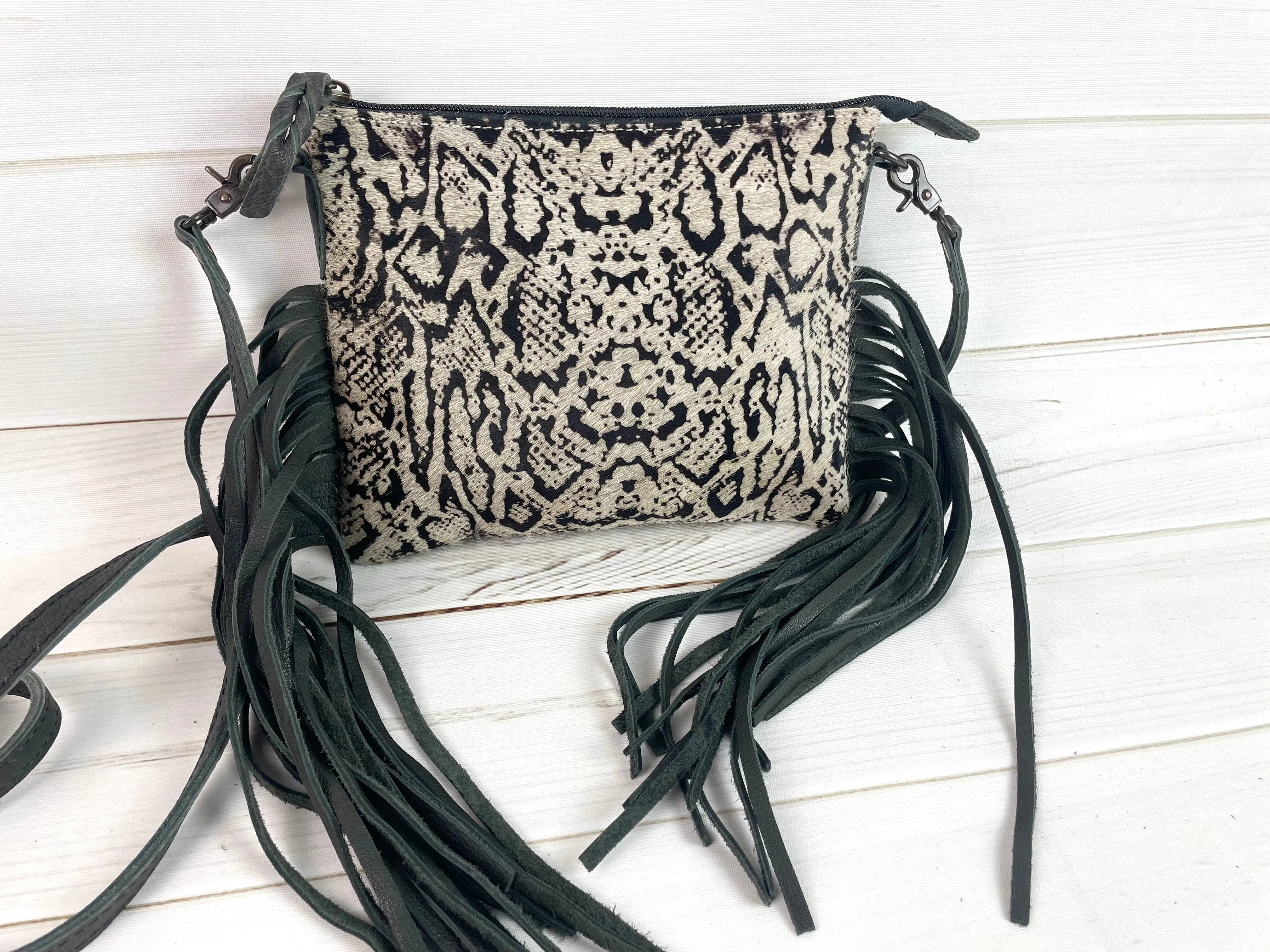 Clearance! Snakeskin Pattern on Hide Leather Fringe Handbag