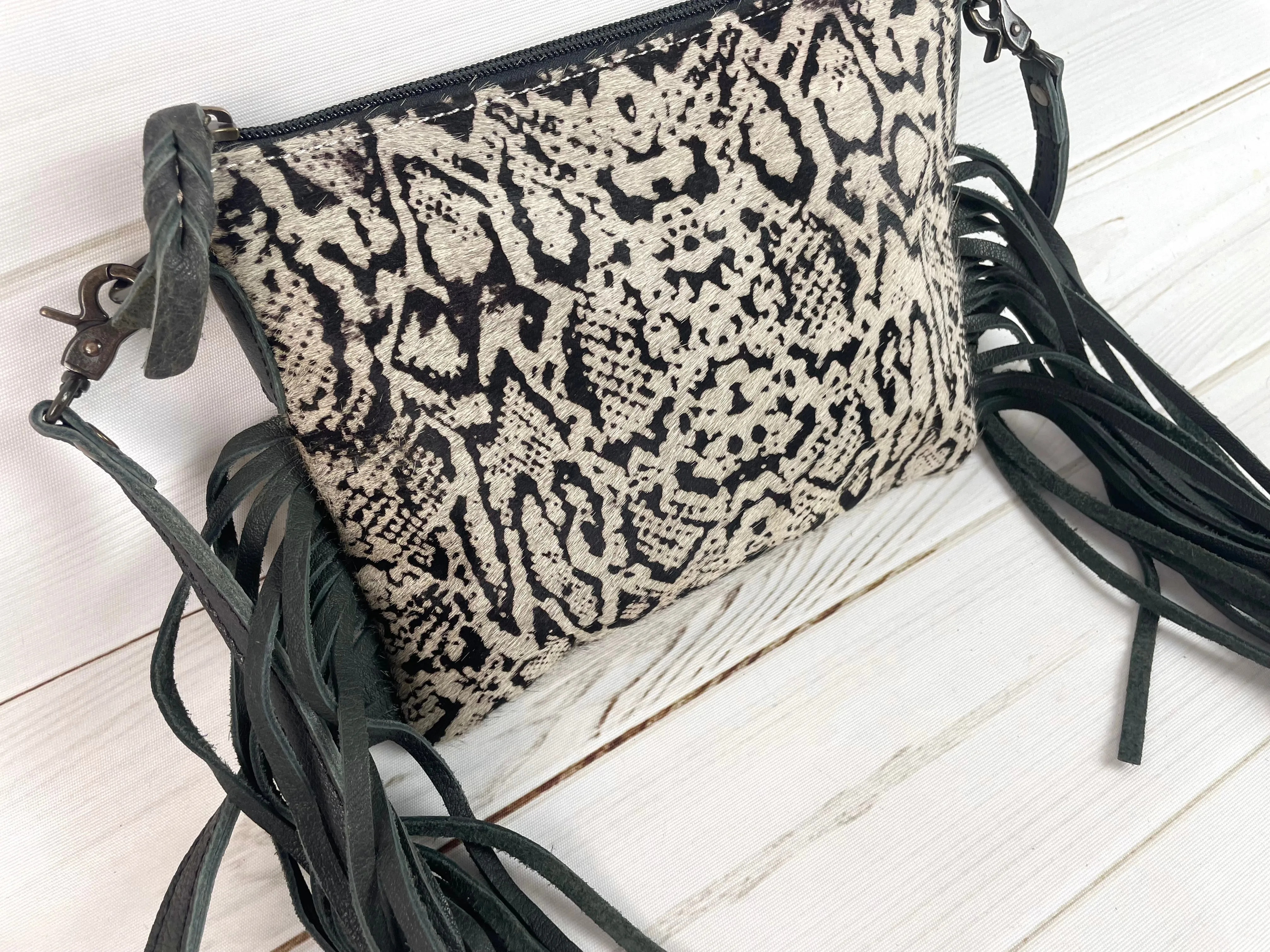 Clearance! Snakeskin Pattern on Hide Leather Fringe Handbag