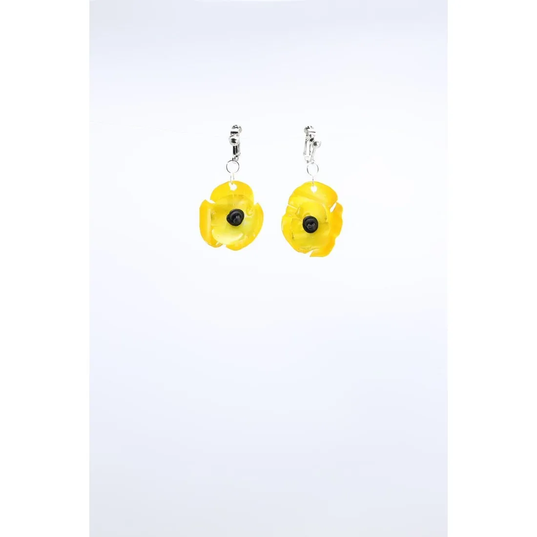 Clip on Hanging Poppy Flower Earrings - Yellow