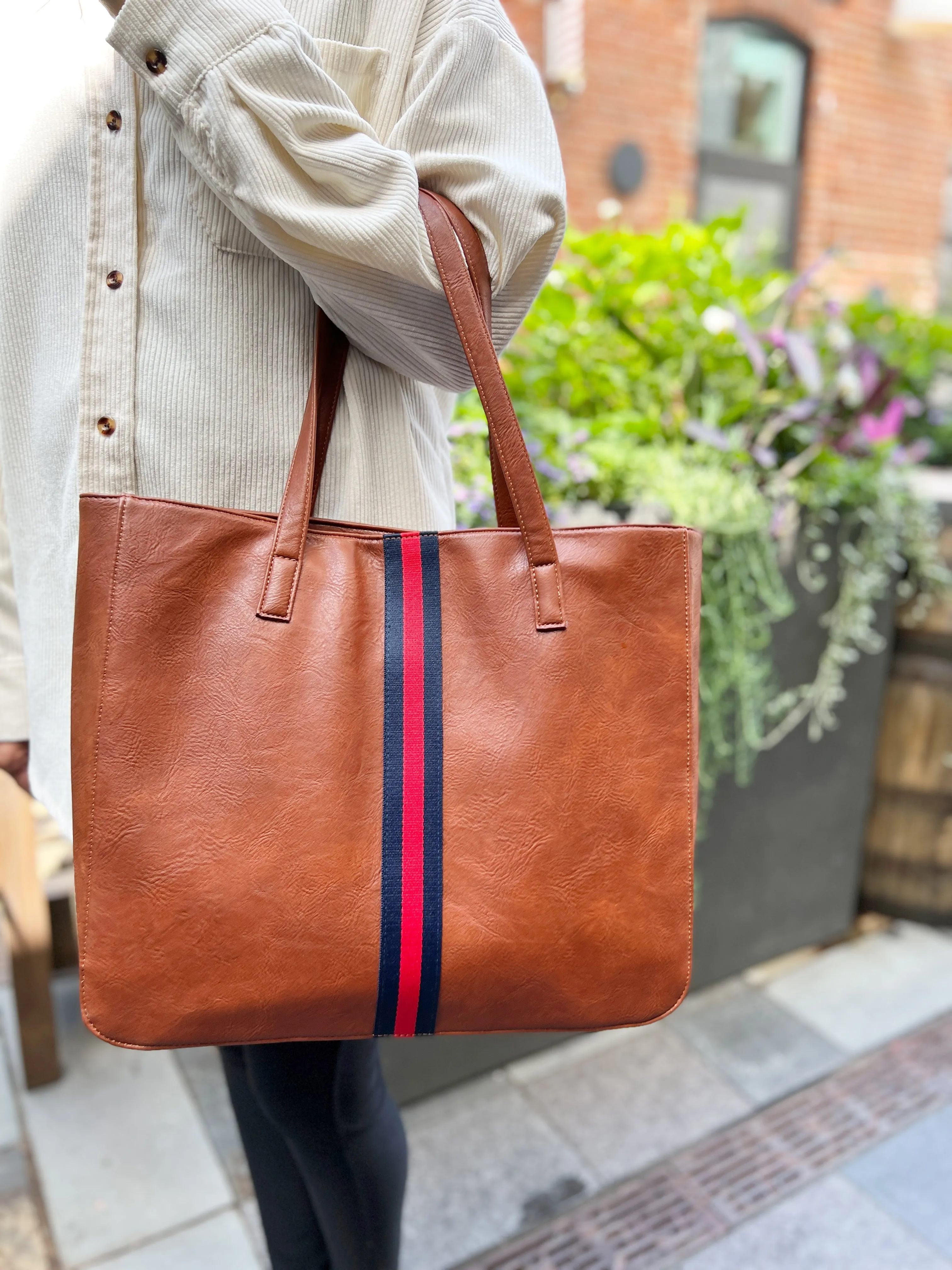 Cognac   Red/Navy Stripe Vegan Tote