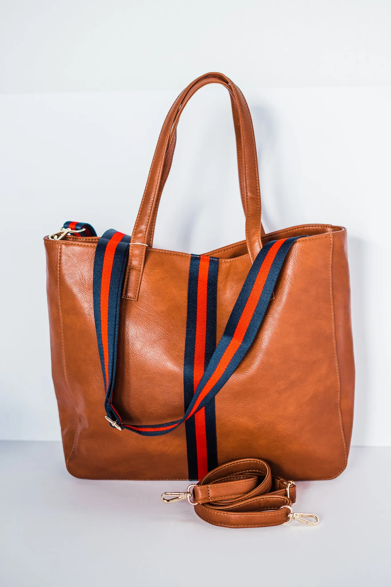Cognac   Red/Navy Stripe Vegan Tote