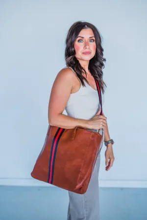 Cognac   Red/Navy Stripe Vegan Tote