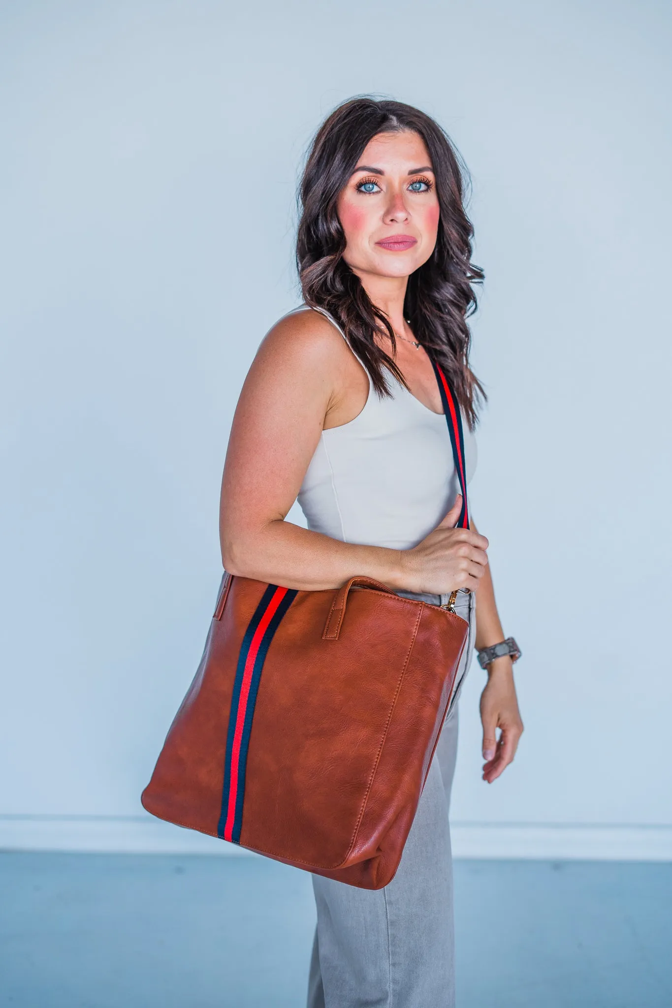 Cognac   Red/Navy Stripe Vegan Tote