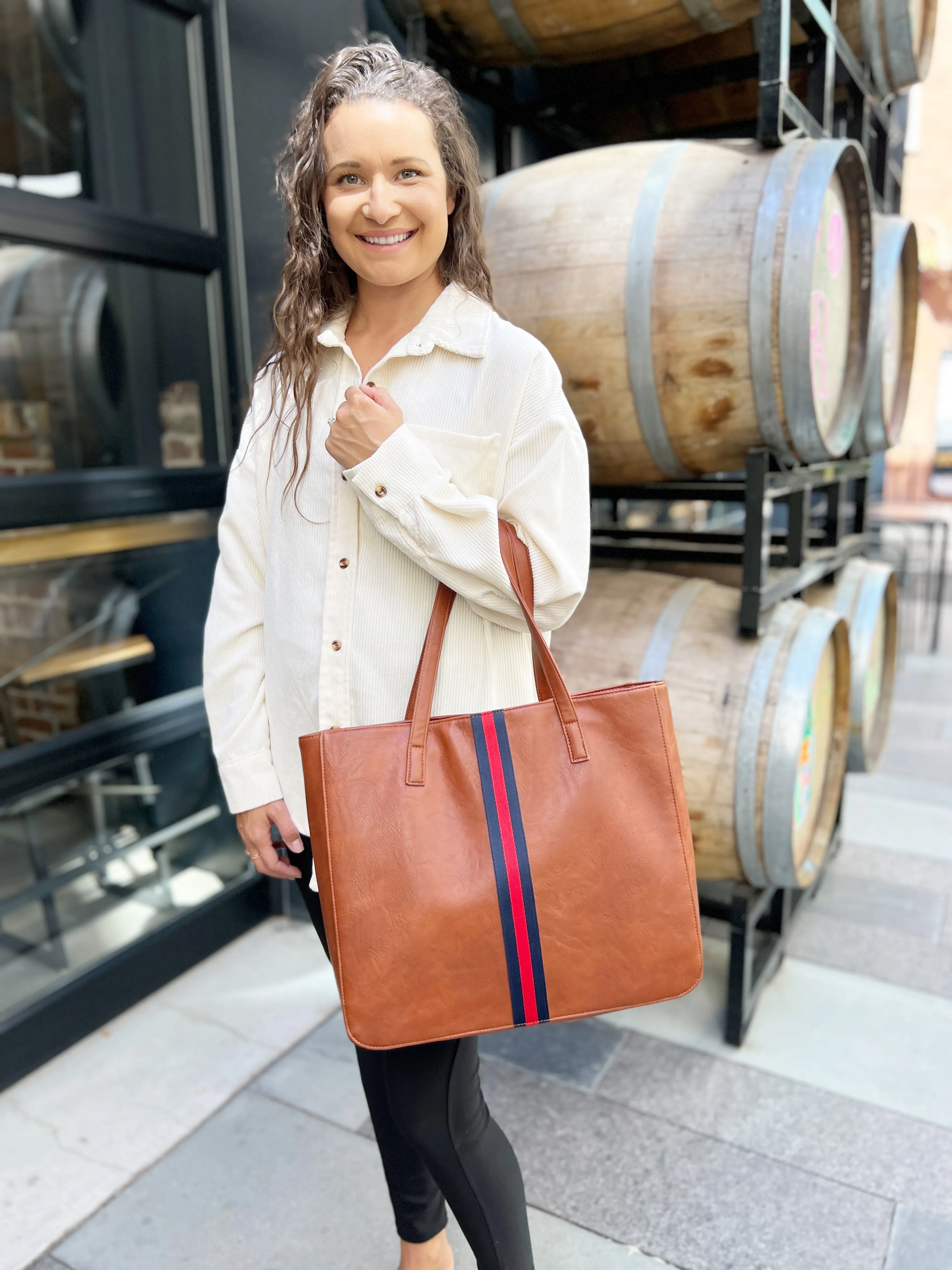 Cognac   Red/Navy Stripe Vegan Tote