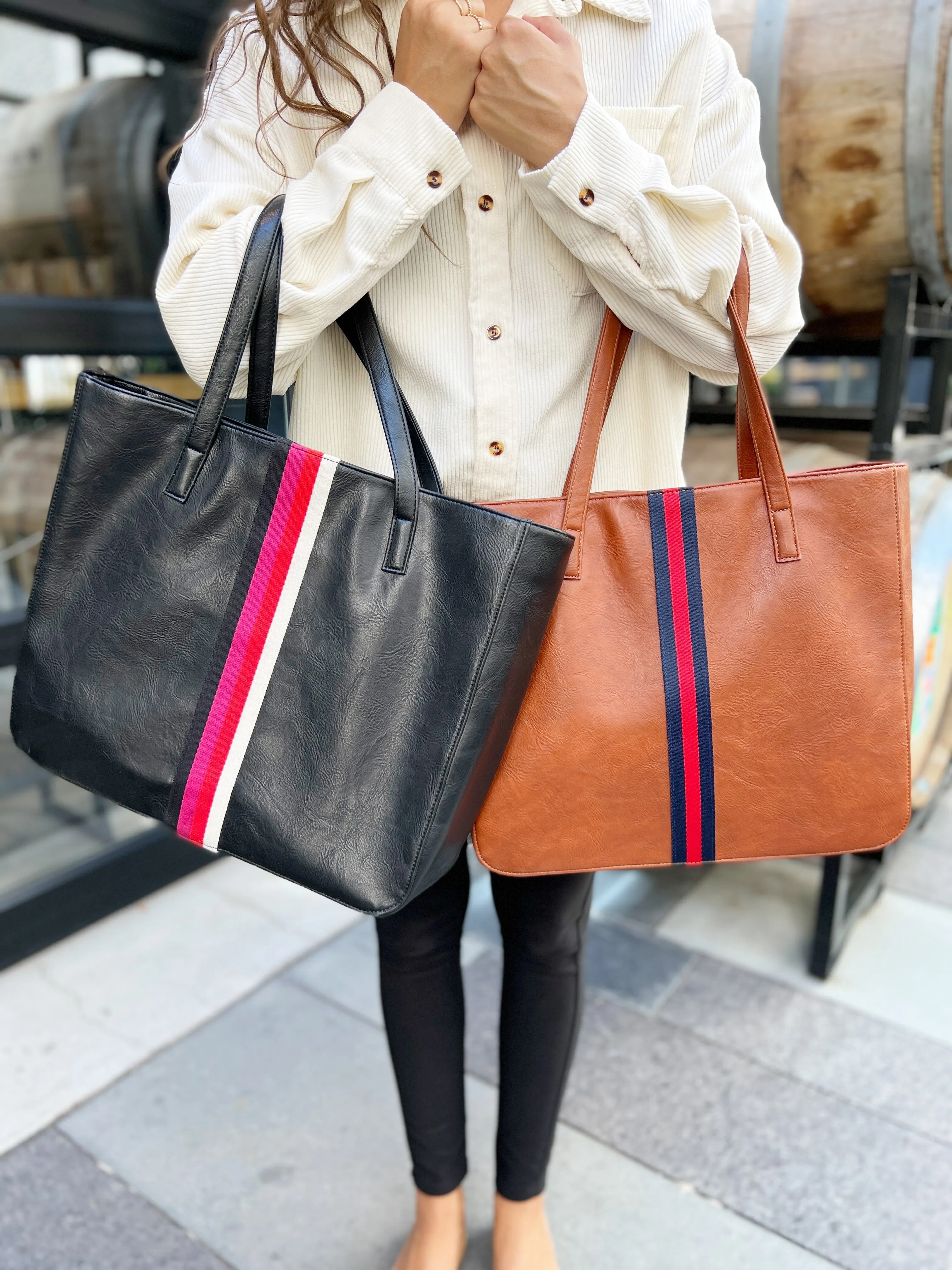 Cognac   Red/Navy Stripe Vegan Tote