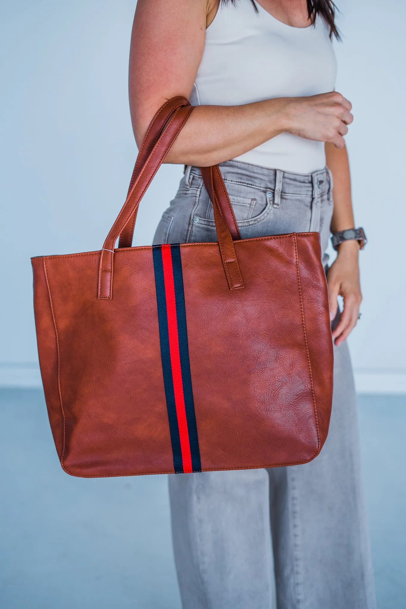 Cognac   Red/Navy Stripe Vegan Tote