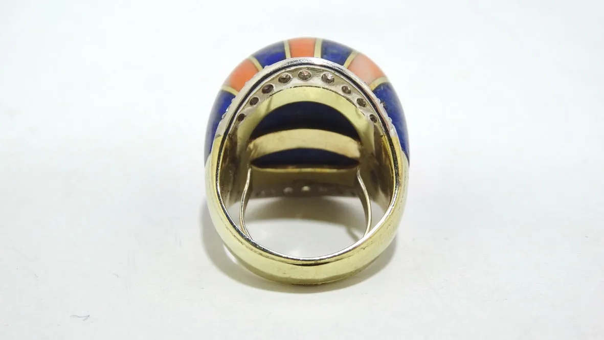 Coral And Lapis Striped Diamond Cocktail Ring