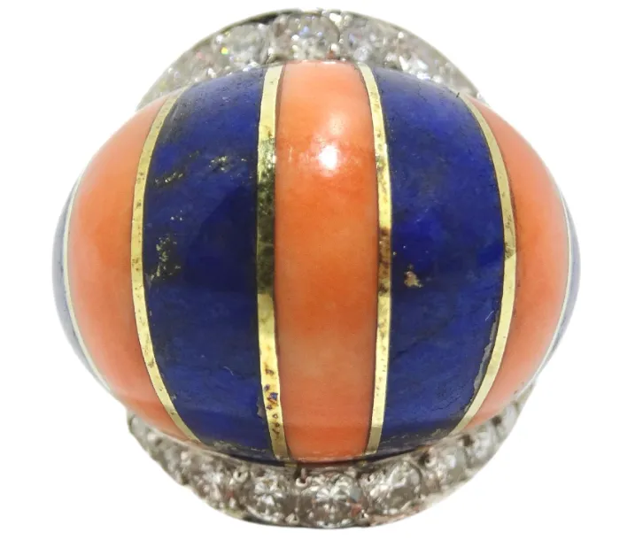 Coral And Lapis Striped Diamond Cocktail Ring