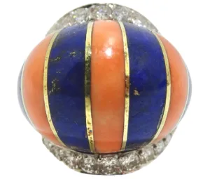 Coral And Lapis Striped Diamond Cocktail Ring
