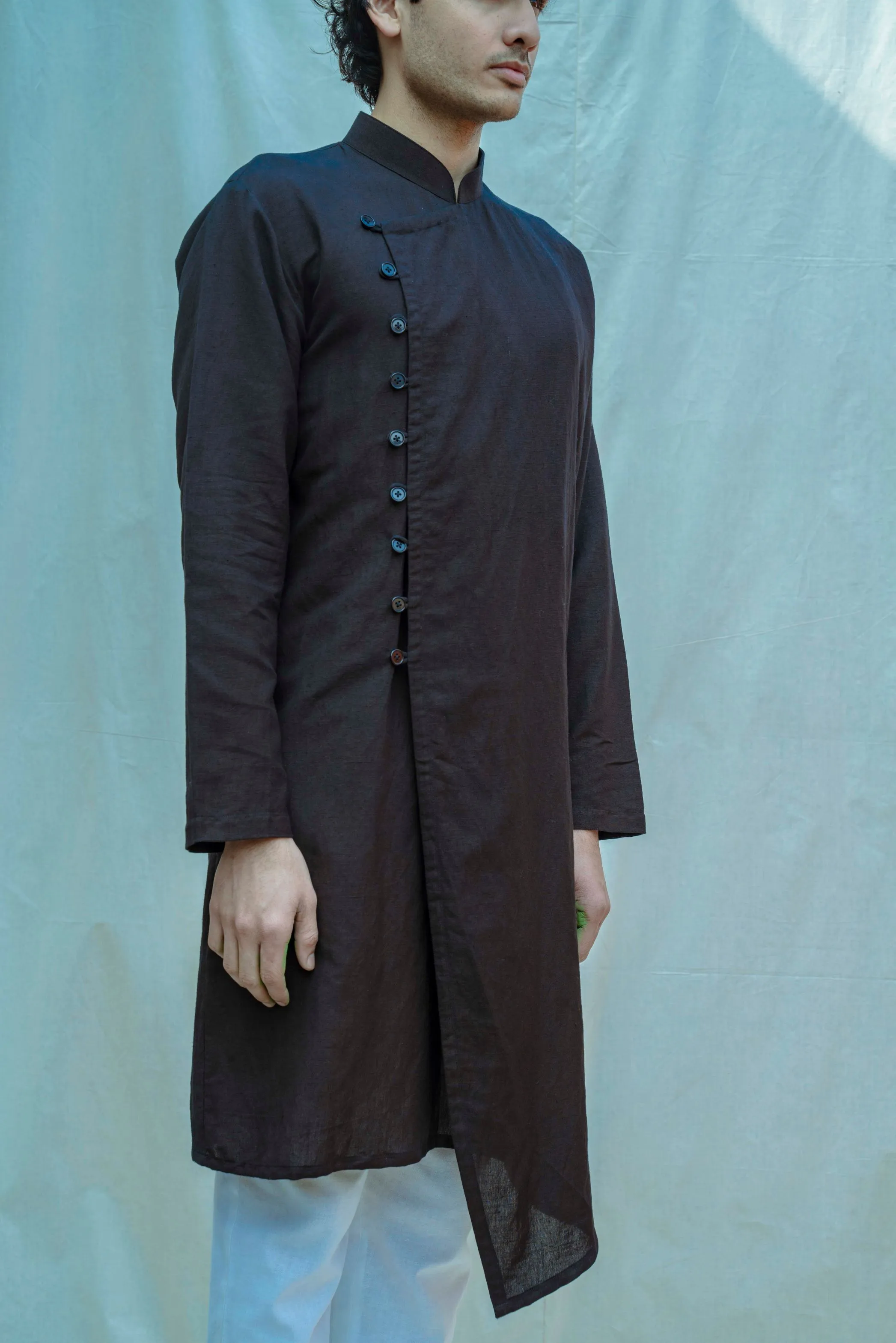 Cotton X Linen Black Overlapped Kurta