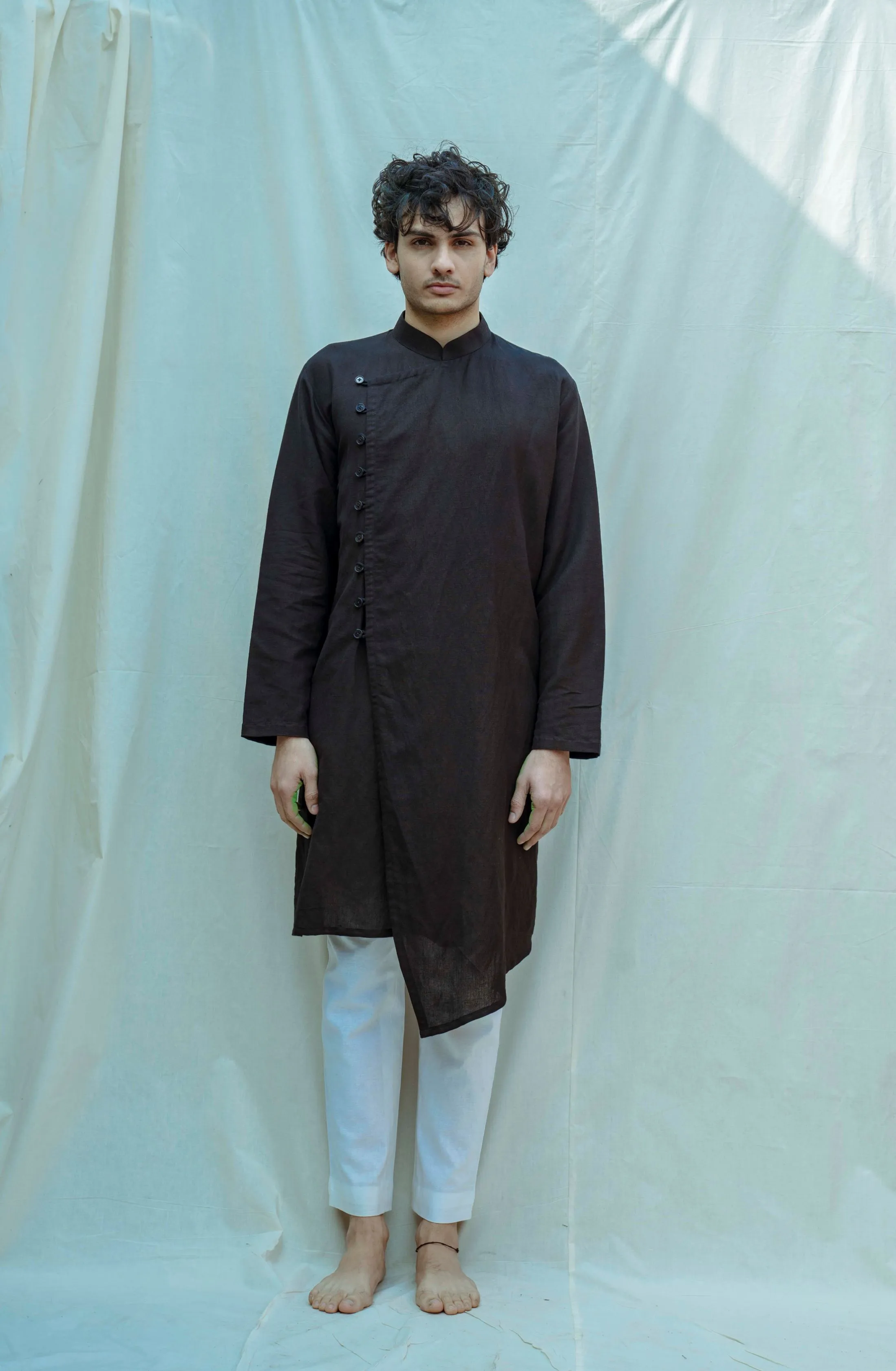 Cotton X Linen Black Overlapped Kurta