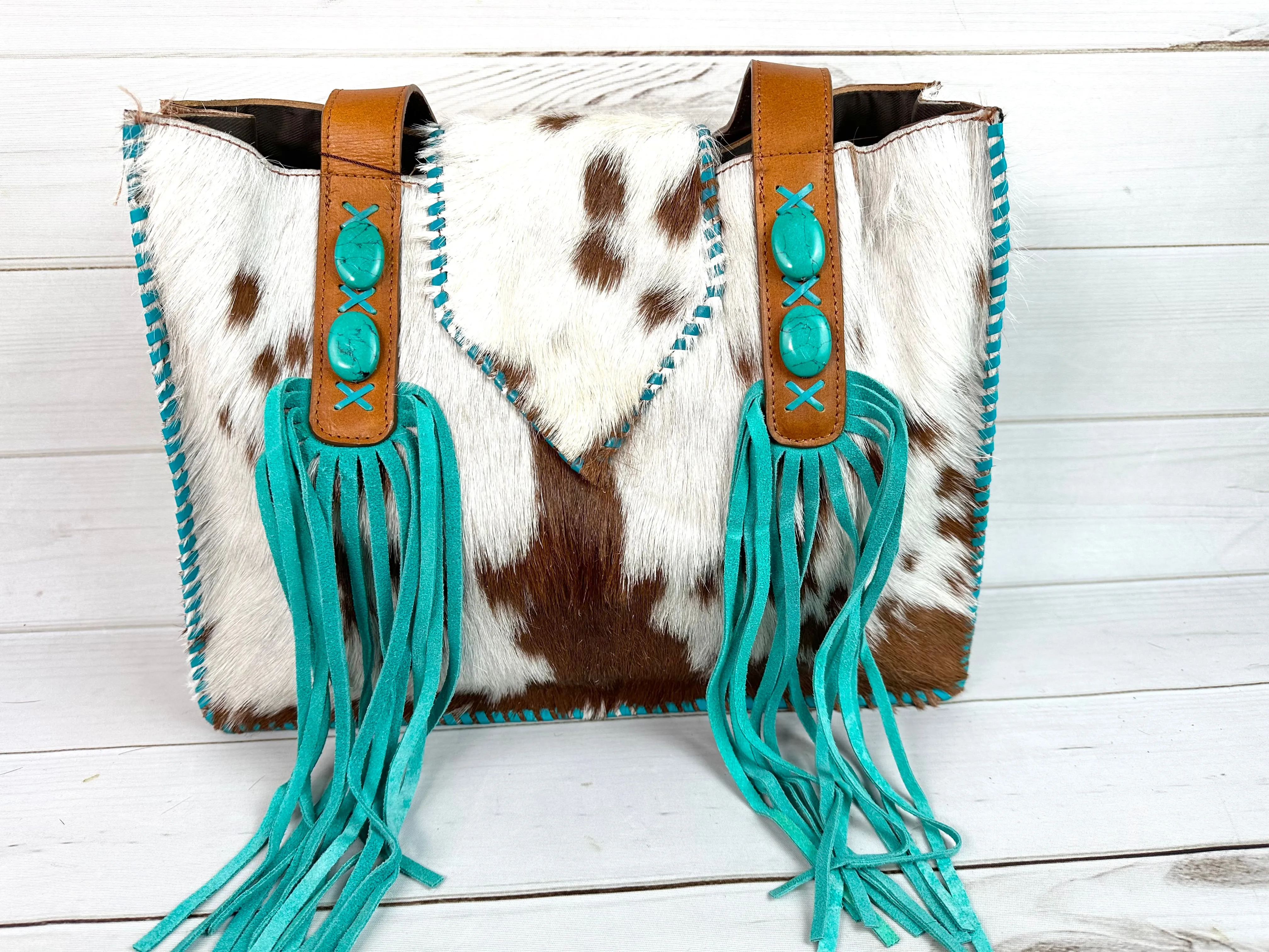 Cowgirl Brown Cowhide Turquoise Fringe Tote