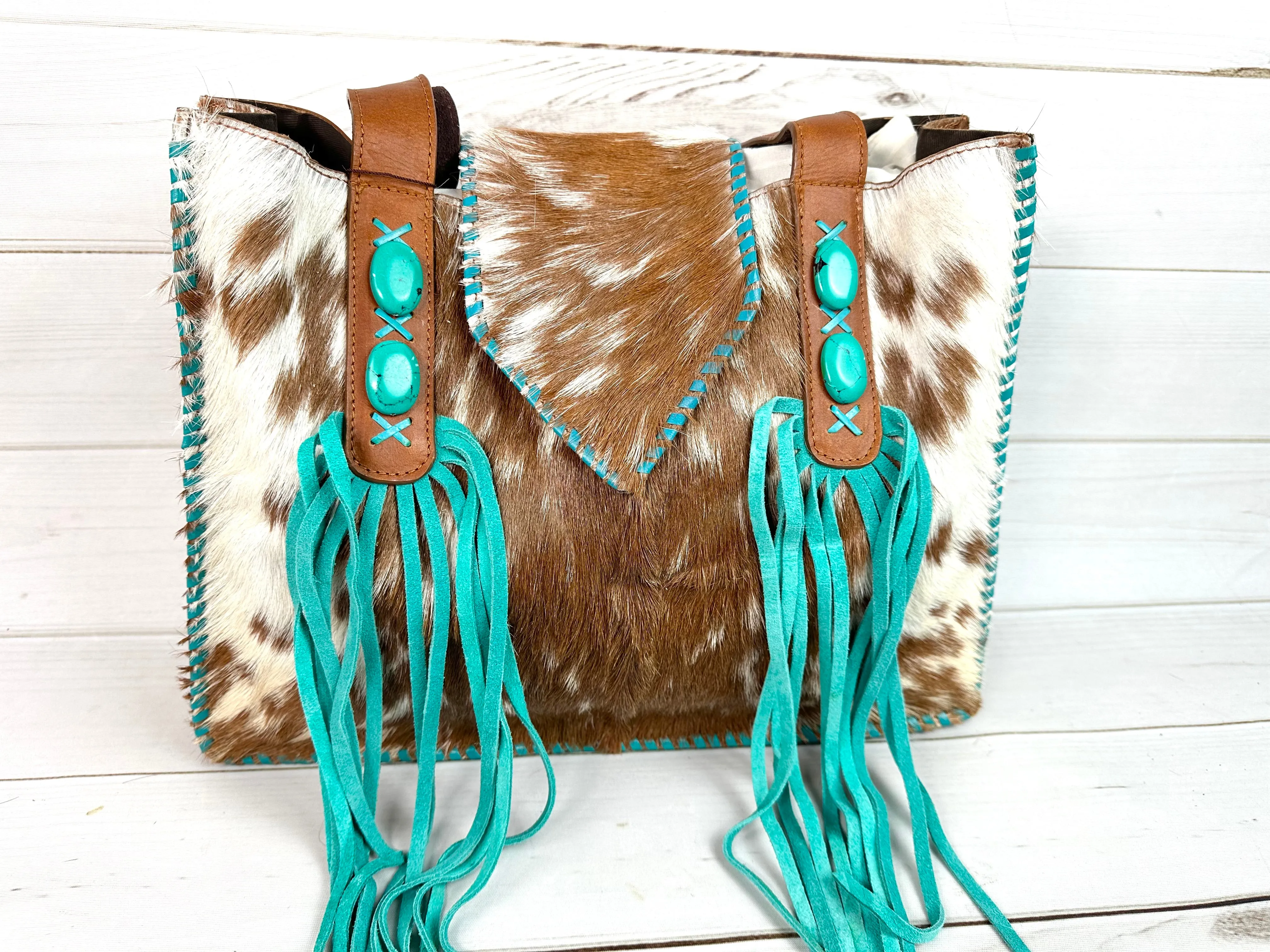 Cowgirl Brown Cowhide Turquoise Fringe Tote