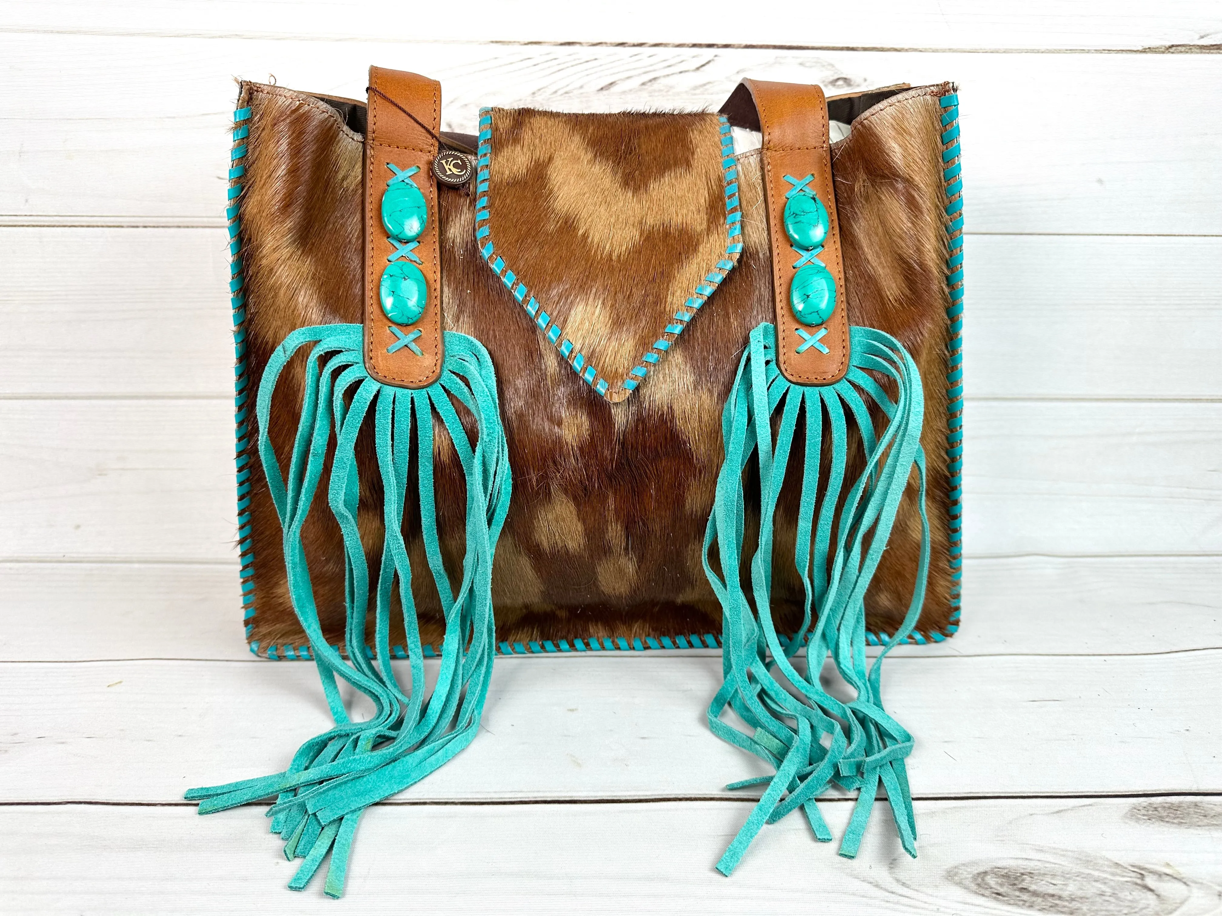 Cowgirl Brown Cowhide Turquoise Fringe Tote