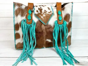 Cowgirl Brown Cowhide Turquoise Fringe Tote